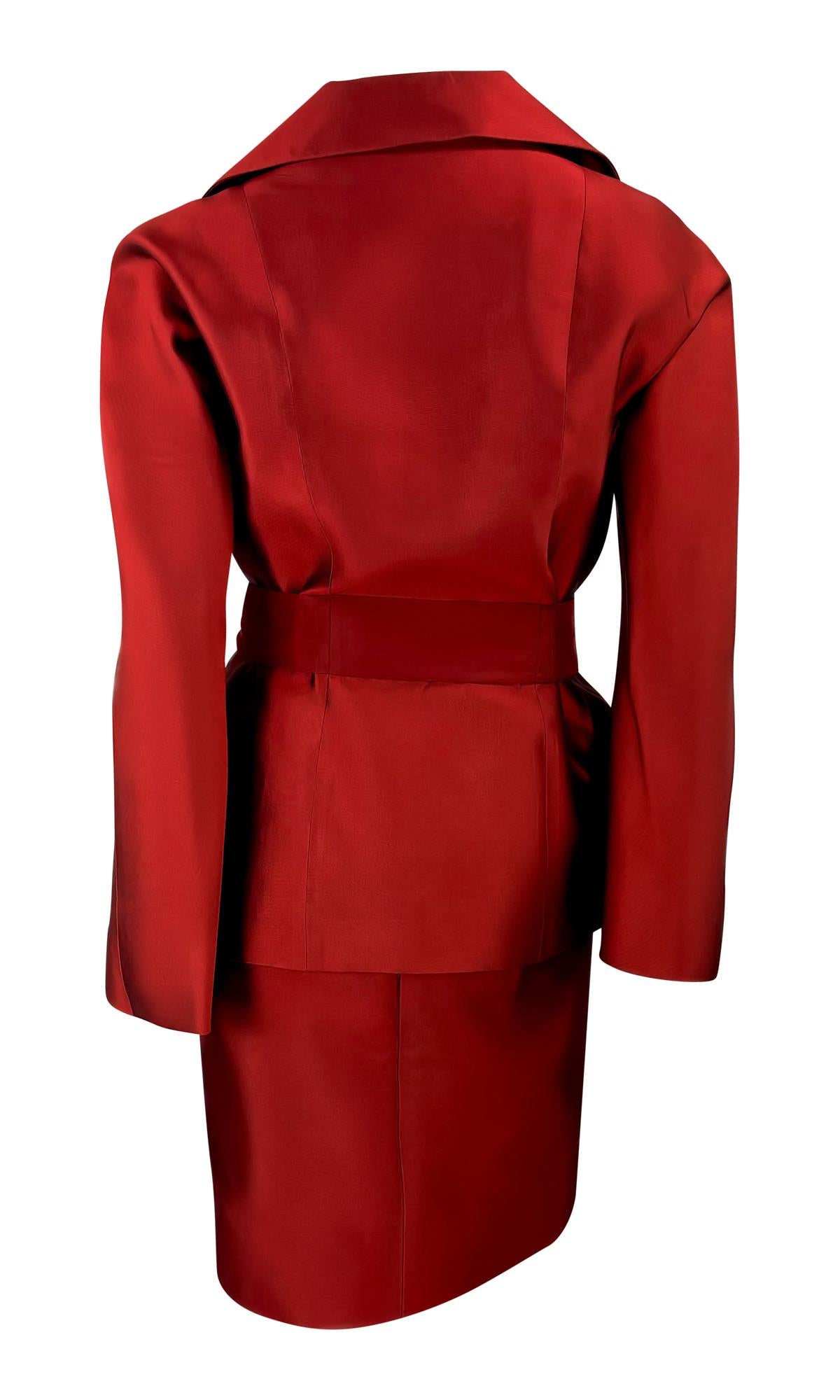 S/S 1996 Dolce & Gabbana Runway Deep Red Silk Satin Taffeta Belted Skirt Suit For Sale 3