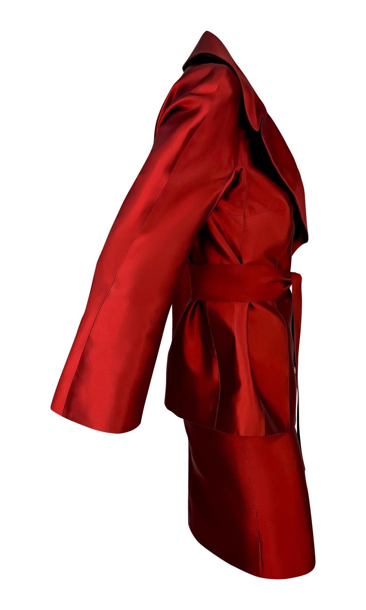 S/S 1996 Dolce & Gabbana Runway Deep Red Silk Satin Taffeta Belted Skirt Suit For Sale 4