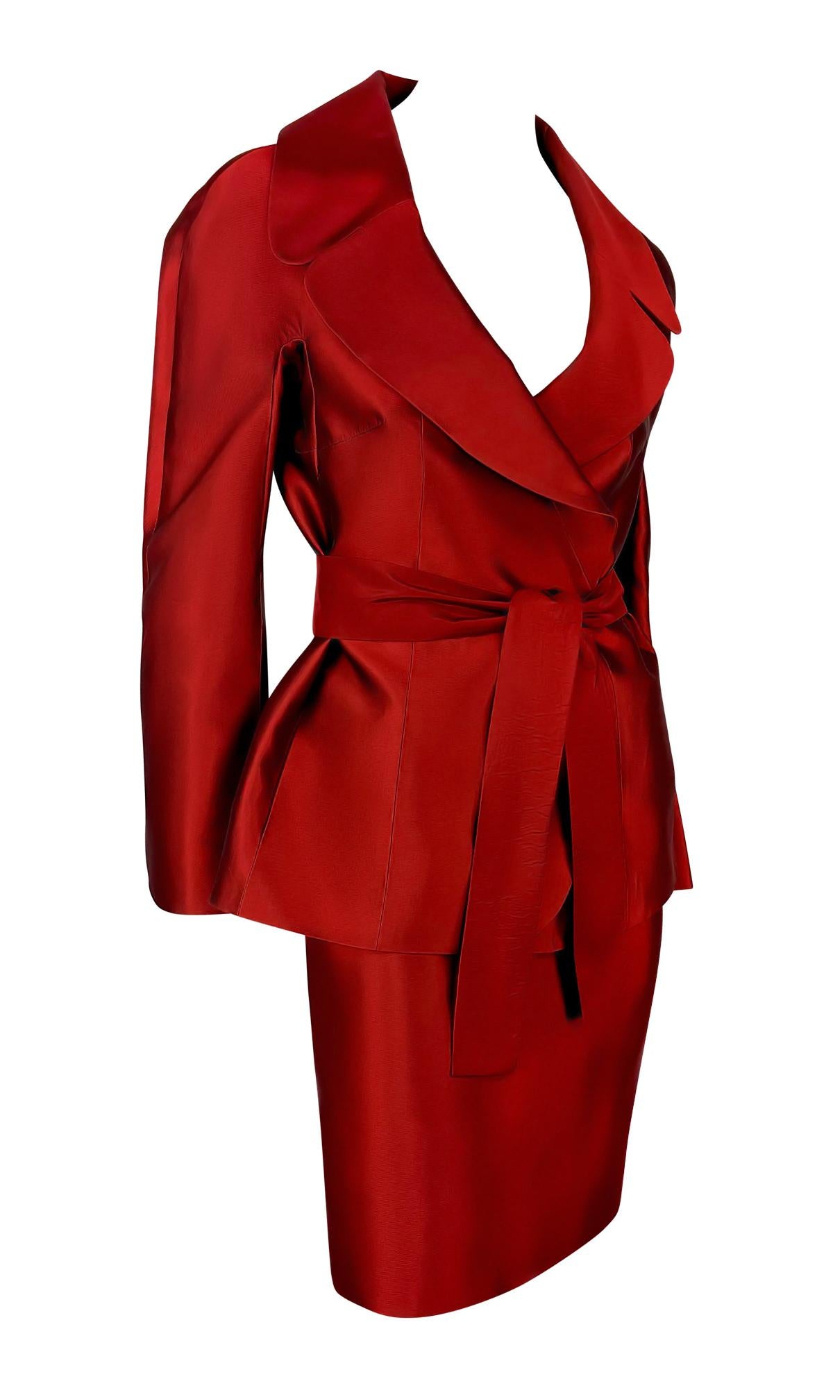 S/S 1996 Dolce & Gabbana Runway Deep Red Silk Satin Taffeta Belted Skirt Suit For Sale 5