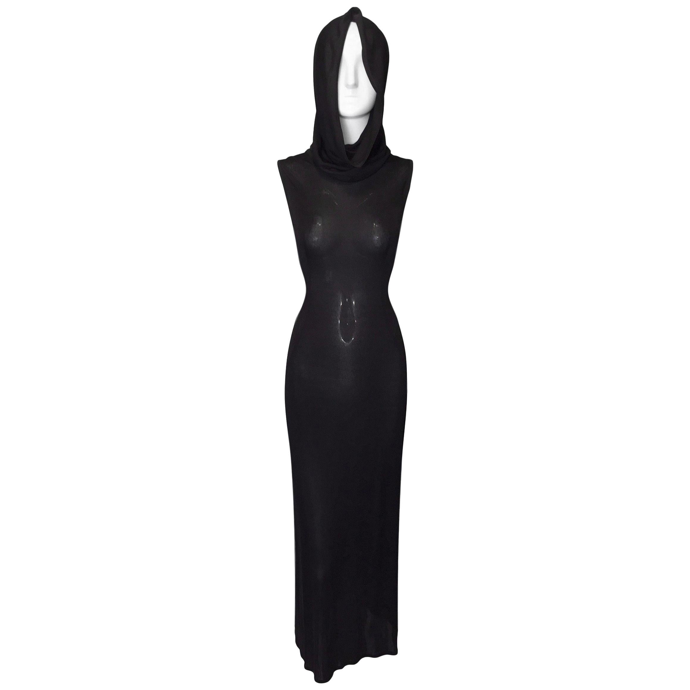 S/S 1996 Dolce & Gabbana Runway Semi-Sheer Black Hooded Gown Dress 40
