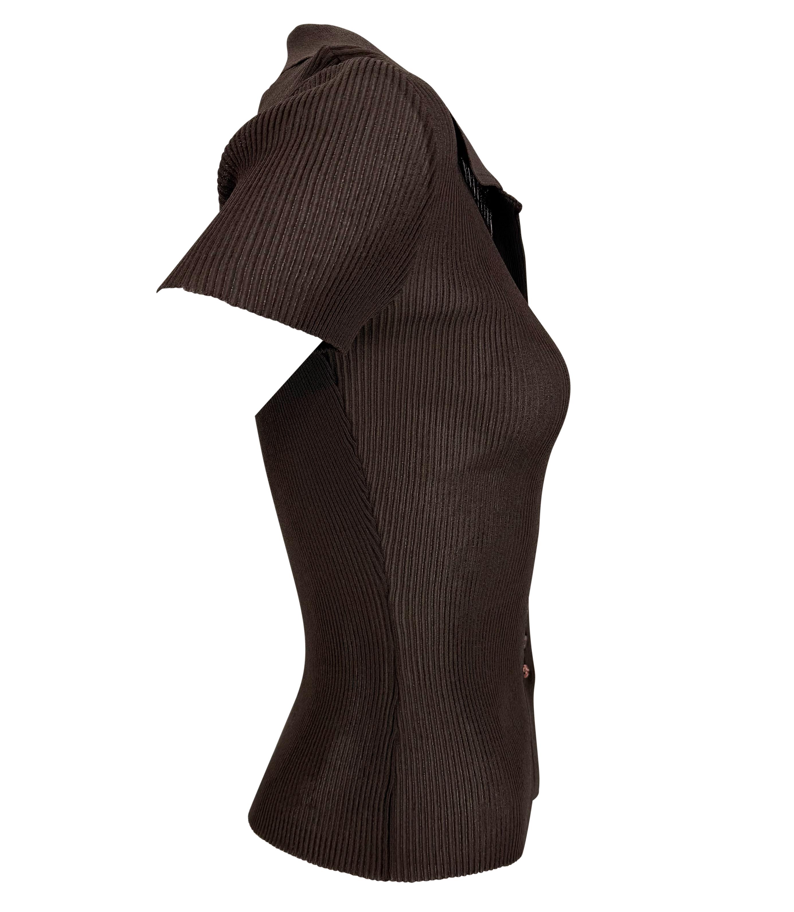 Women's S/S 1996 Dolce & Gabbana Sheer Brown Ribbed Viscose Button Up Polo Top For Sale