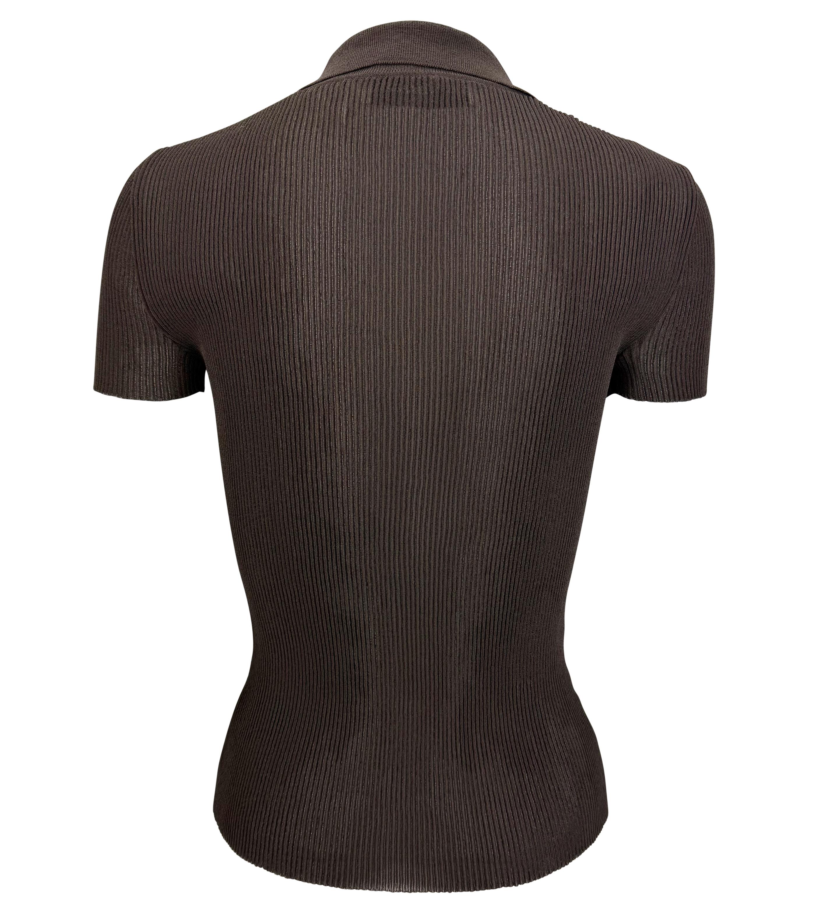 S/S 1996 Dolce & Gabbana Sheer Brown Ribbed Viscose Button Up Polo Top For Sale 1
