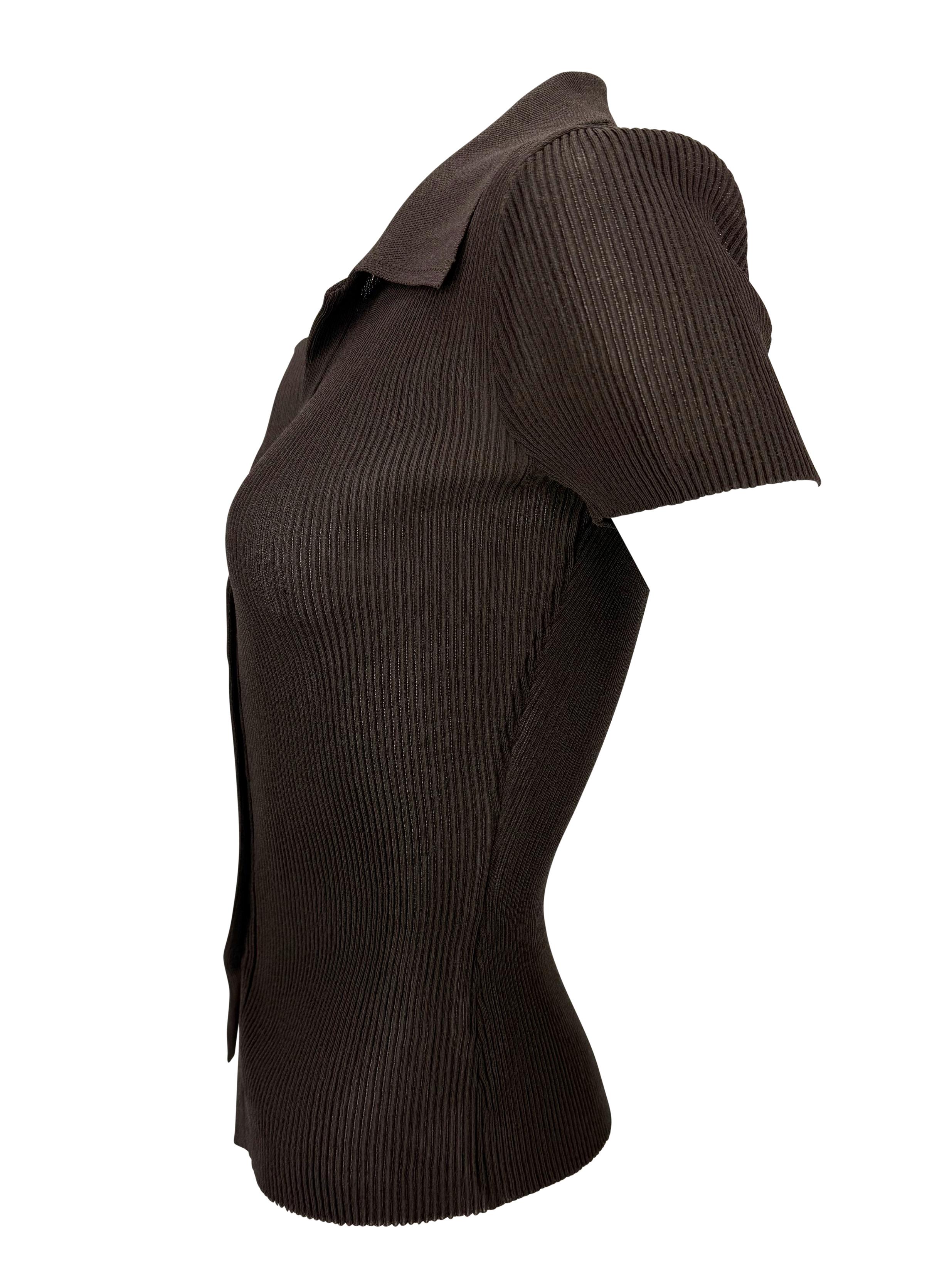 S/S 1996 Dolce & Gabbana Sheer Brown Ribbed Viscose Button Up Polo Top For Sale 2