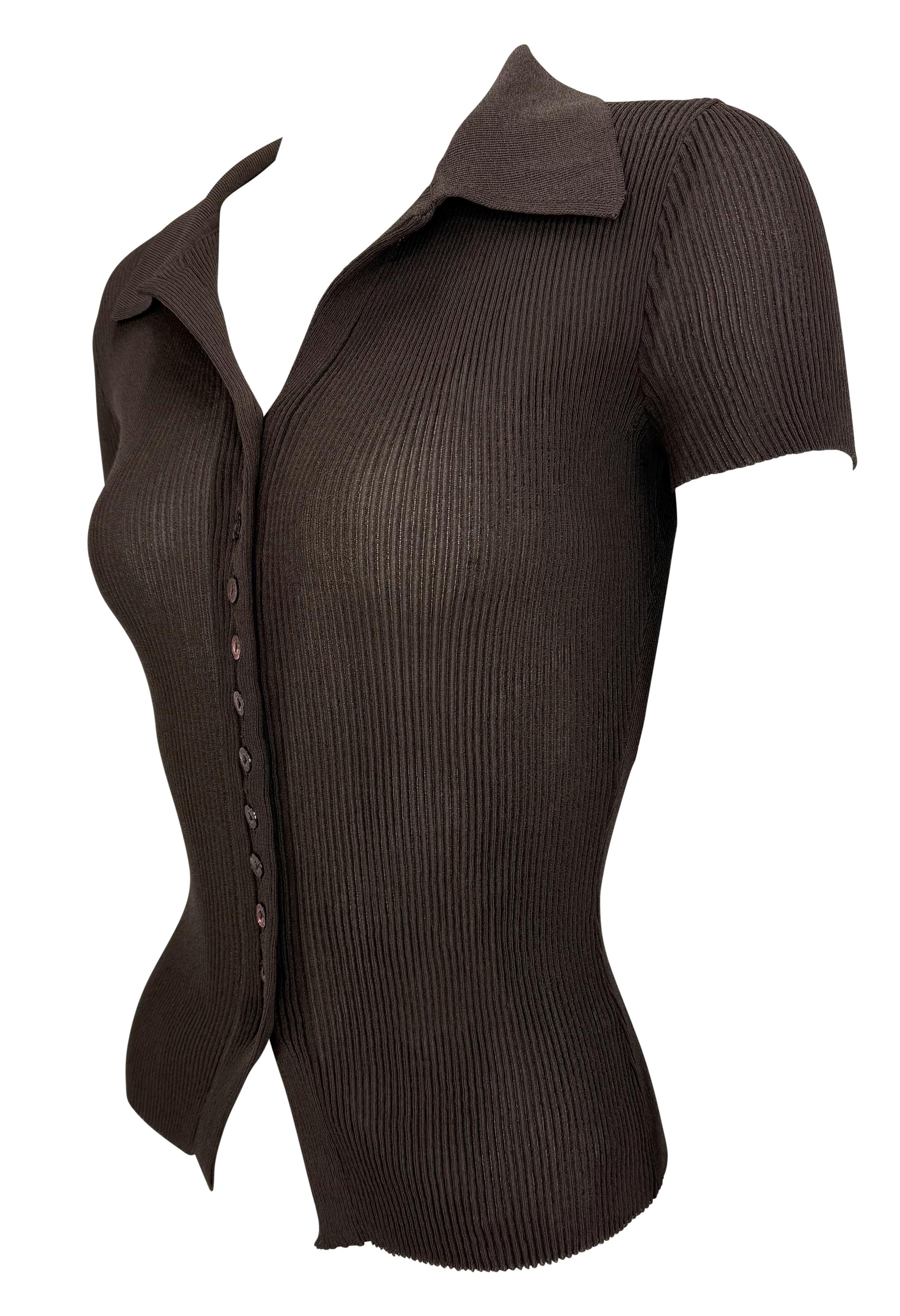 S/S 1996 Dolce & Gabbana Sheer Brown Ribbed Viscose Button Up Polo Top For Sale 3