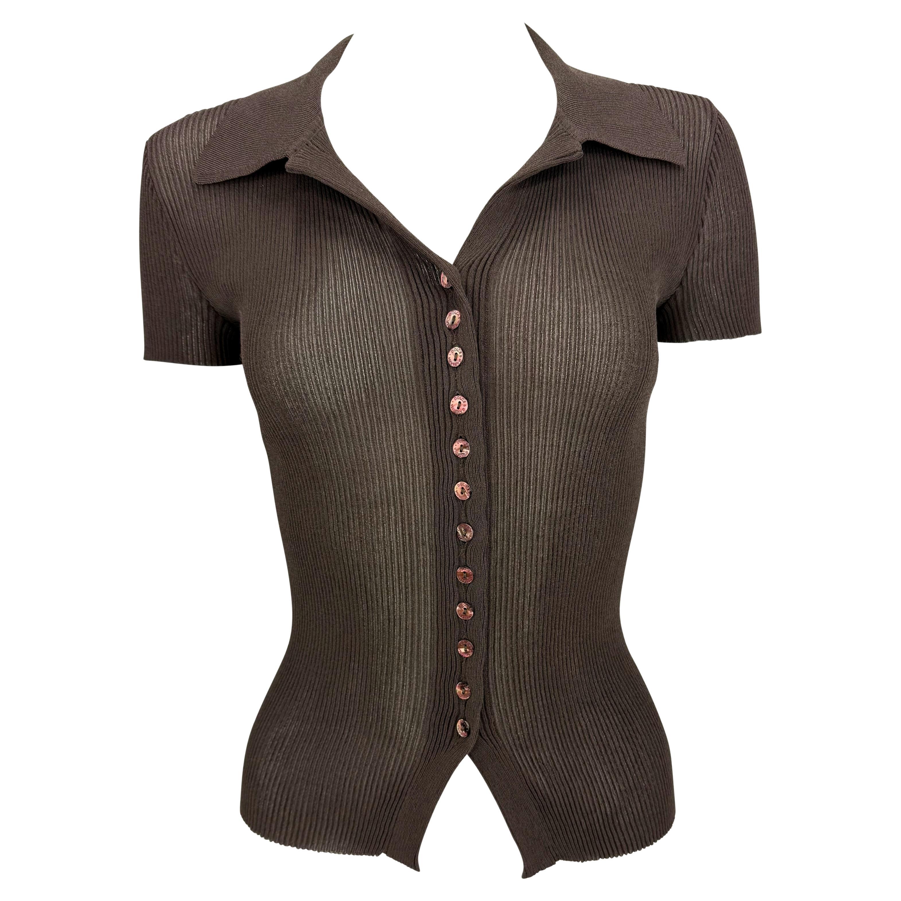 S/S 1996 Dolce & Gabbana Sheer Brown Ribbed Viscose Button Up Polo Top For Sale