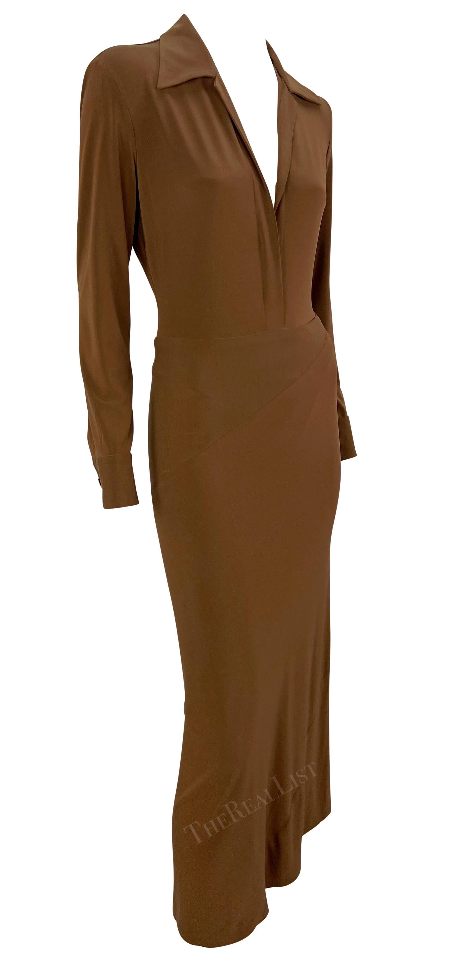 S/S 1996 Donna Karan Runway Light Brown Plunging Bodycon Dress en vente 1