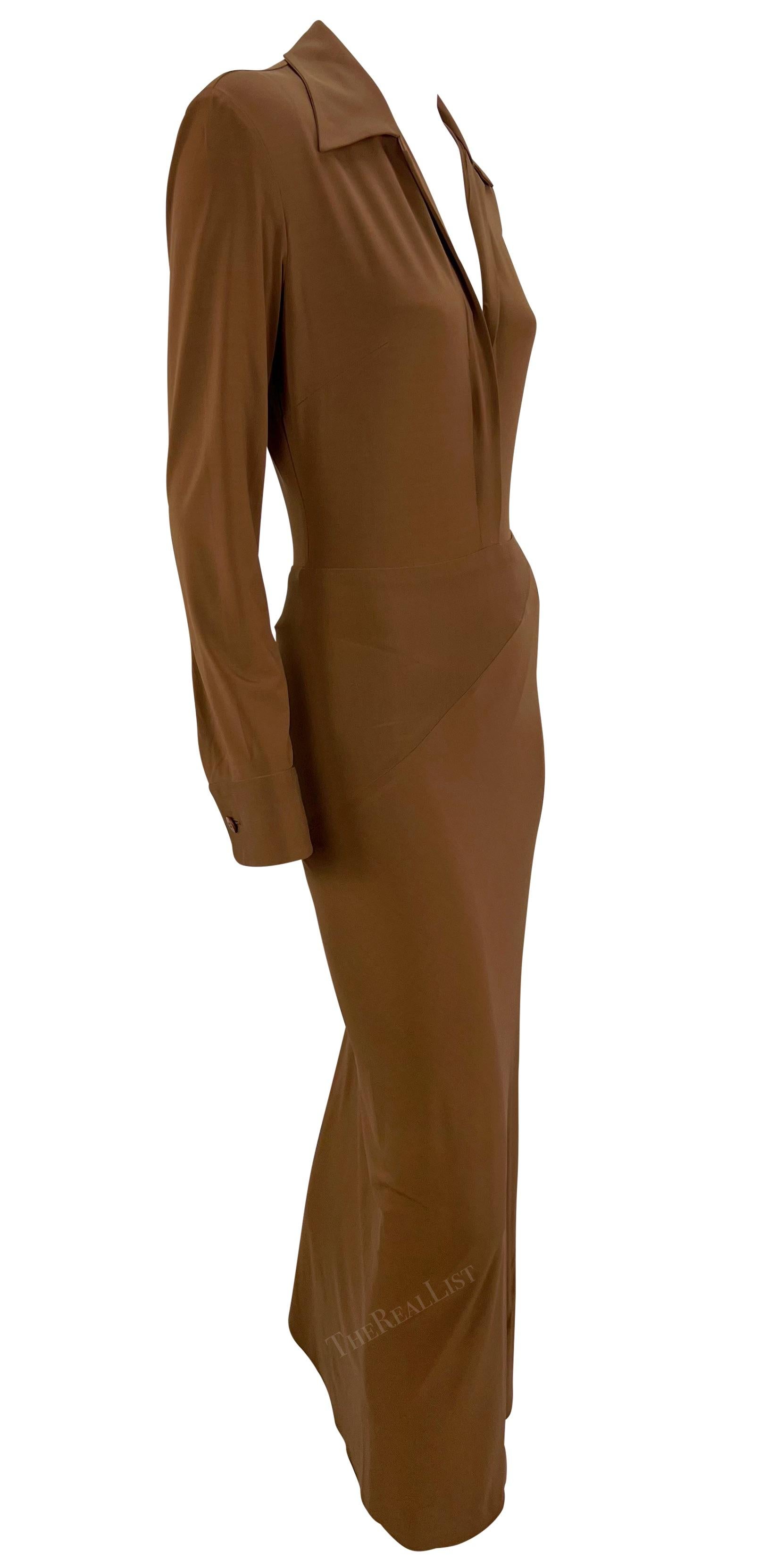 S/S 1996 Donna Karan Runway Light Brown Plunging Bodycon Dress For Sale 3