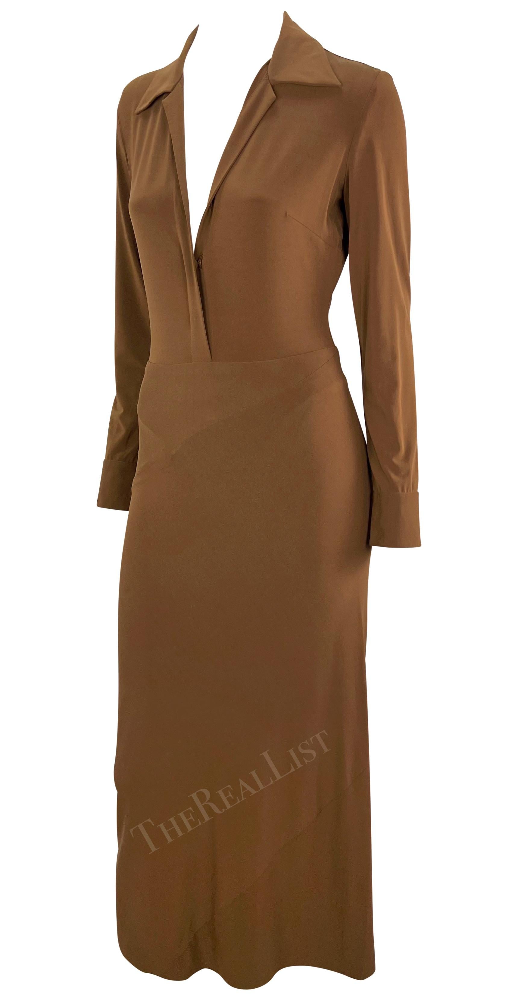 S/S 1996 Donna Karan Runway Light Brown Plunging Bodycon Dress For Sale 6