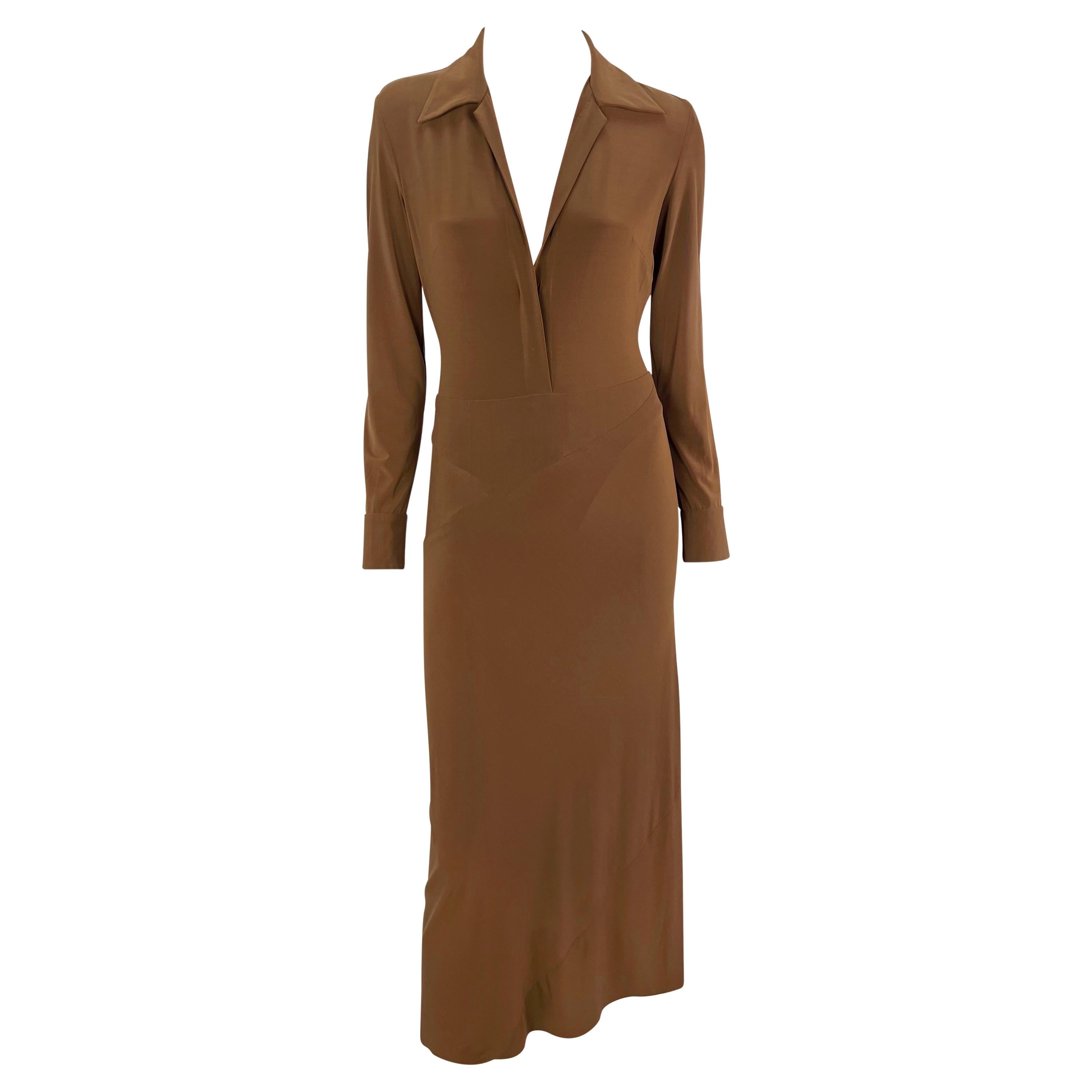 S/S 1996 Donna Karan Runway Light Brown Plunging Bodycon Dress For Sale