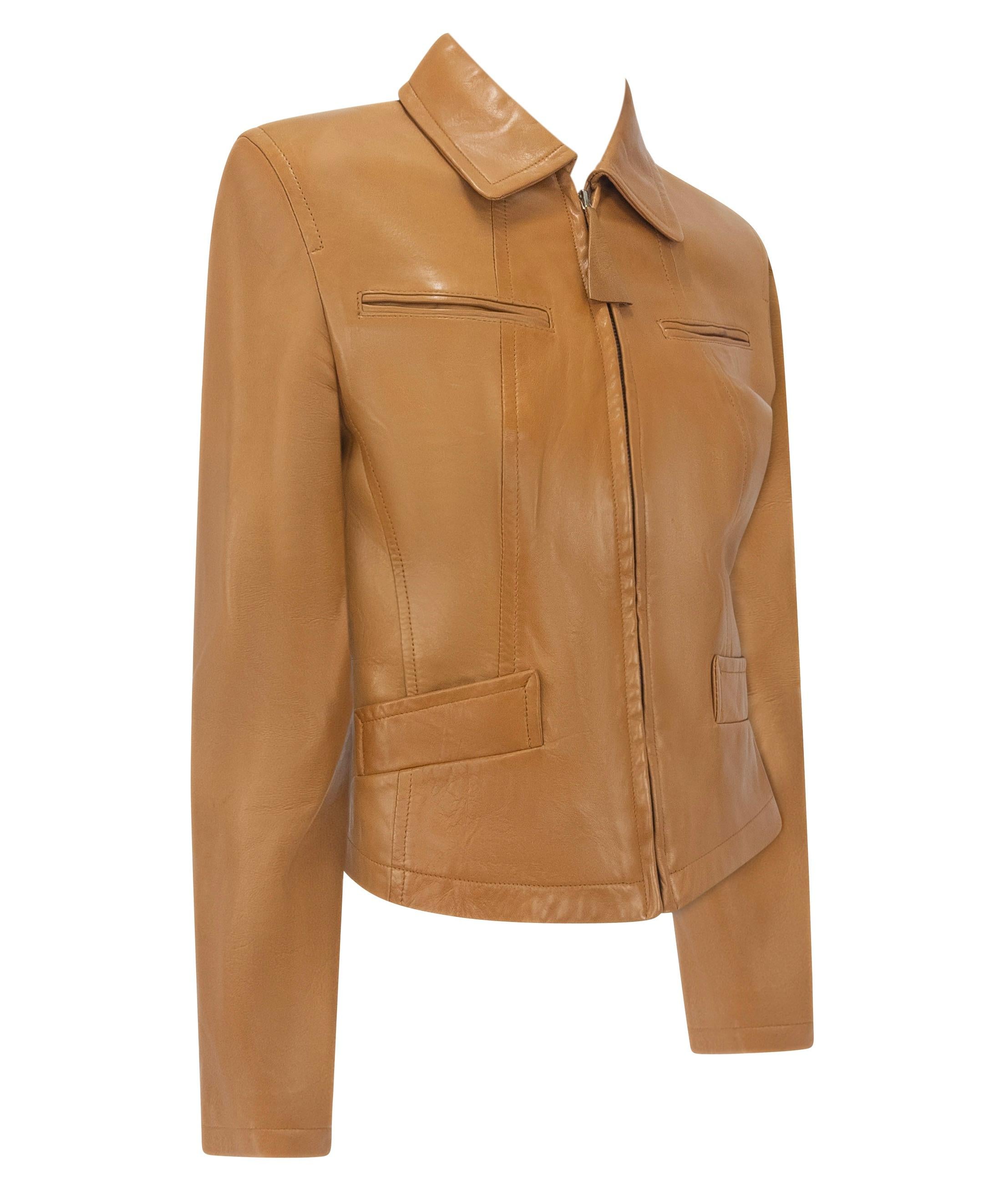 S/S 1996 Donna Karan Runway Tan Lambskin Zip Leather Jacket In Excellent Condition For Sale In West Hollywood, CA