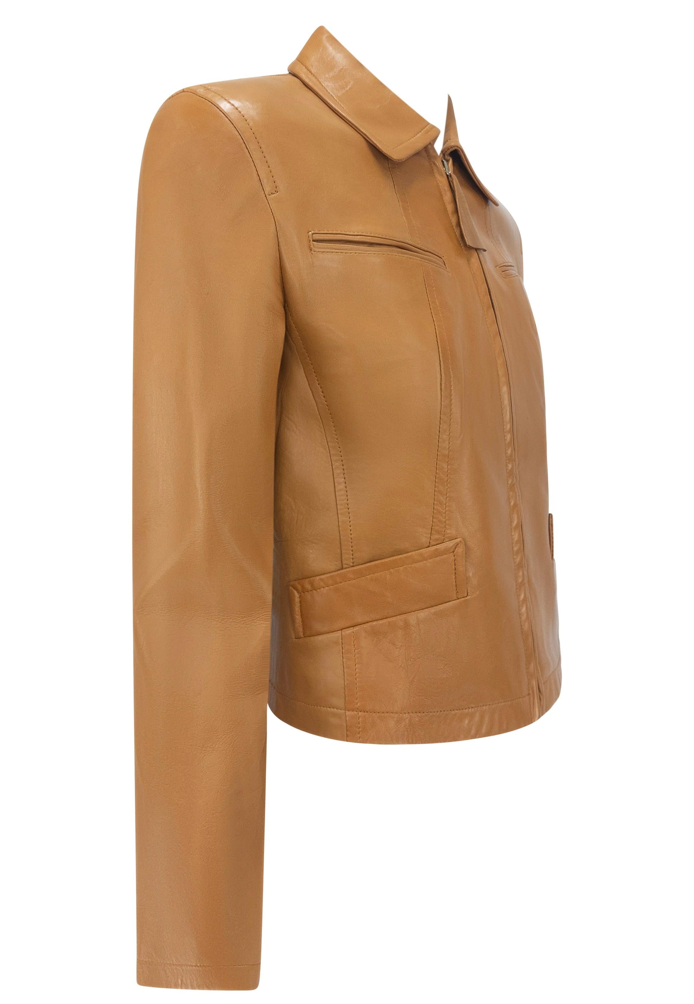 Women's S/S 1996 Donna Karan Runway Tan Lambskin Zip Leather Jacket For Sale