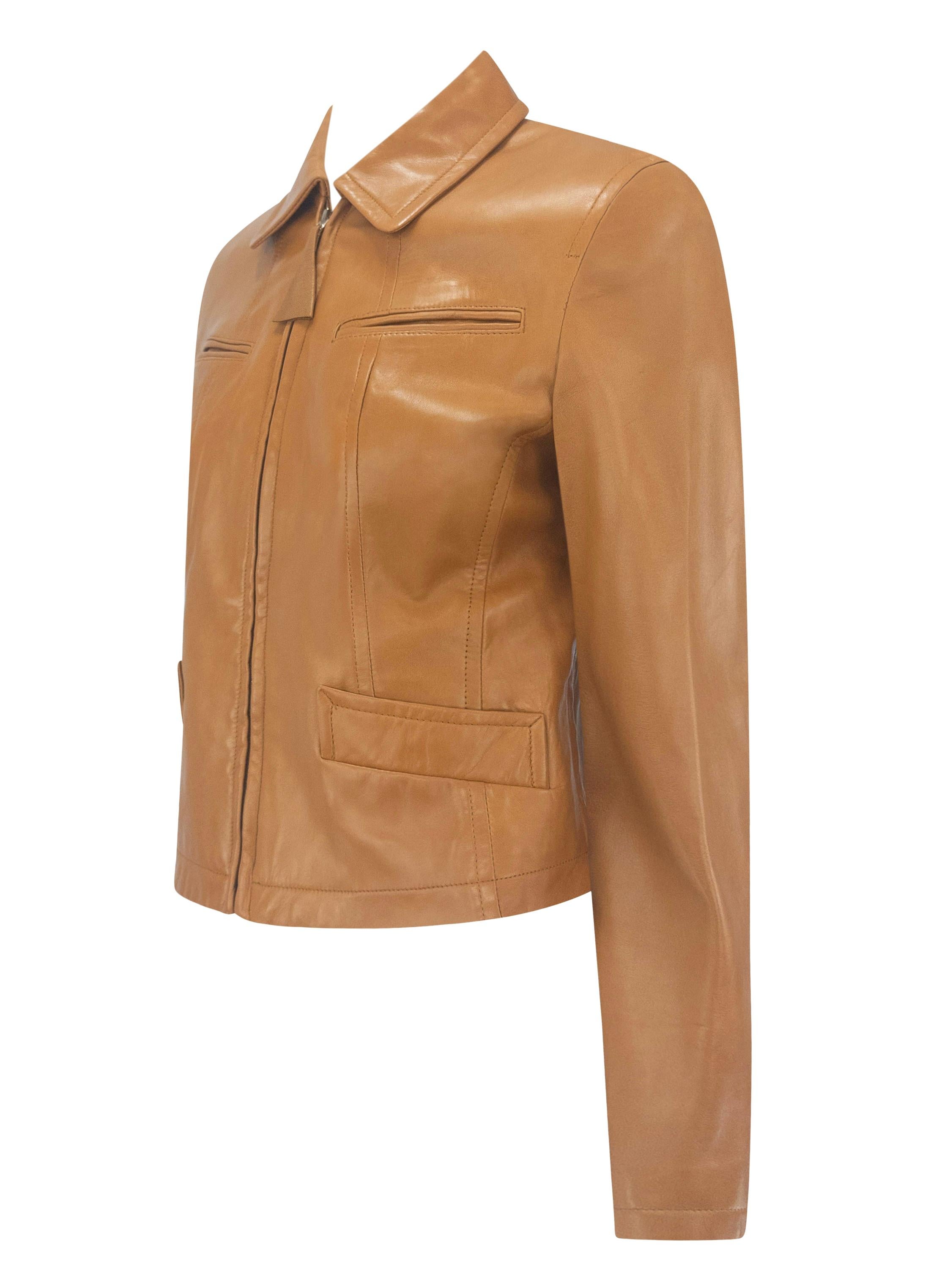 S/S 1996 Donna Karan Runway Tan Lambskin Zip Leather Jacket For Sale 4
