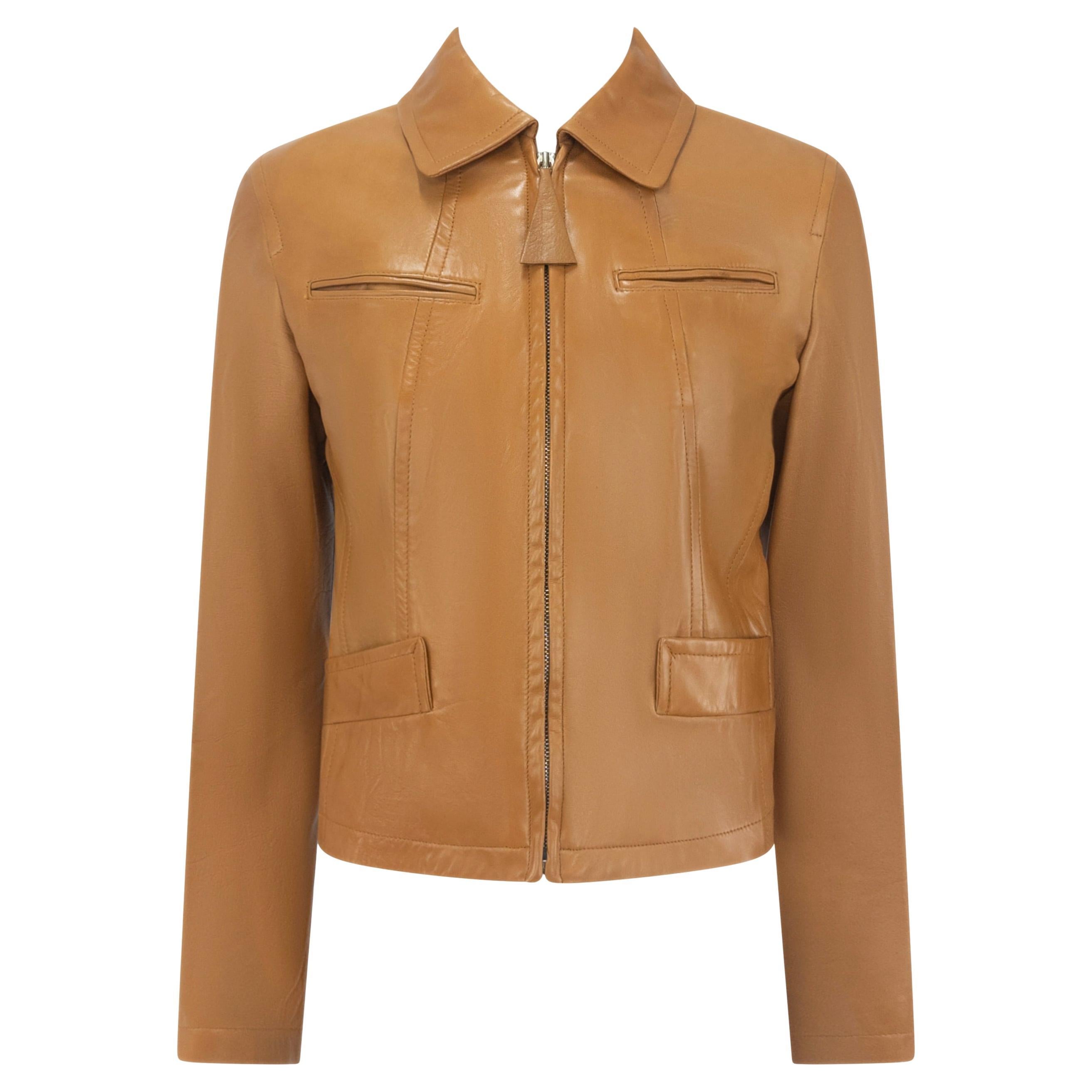 S/S 1996 Donna Karan Runway Tan Lambskin Zip Leather Jacket For Sale