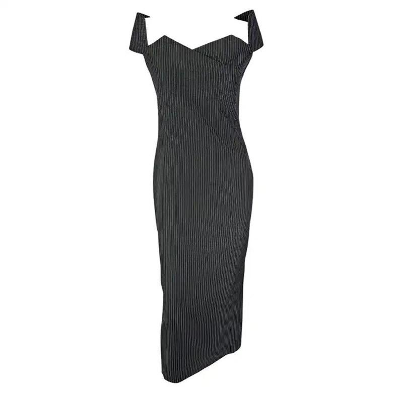S/S 1996 Gianfranco Ferré Laufsteg Graukohle Nadelstreifen Schulterfreies Kleid im Angebot