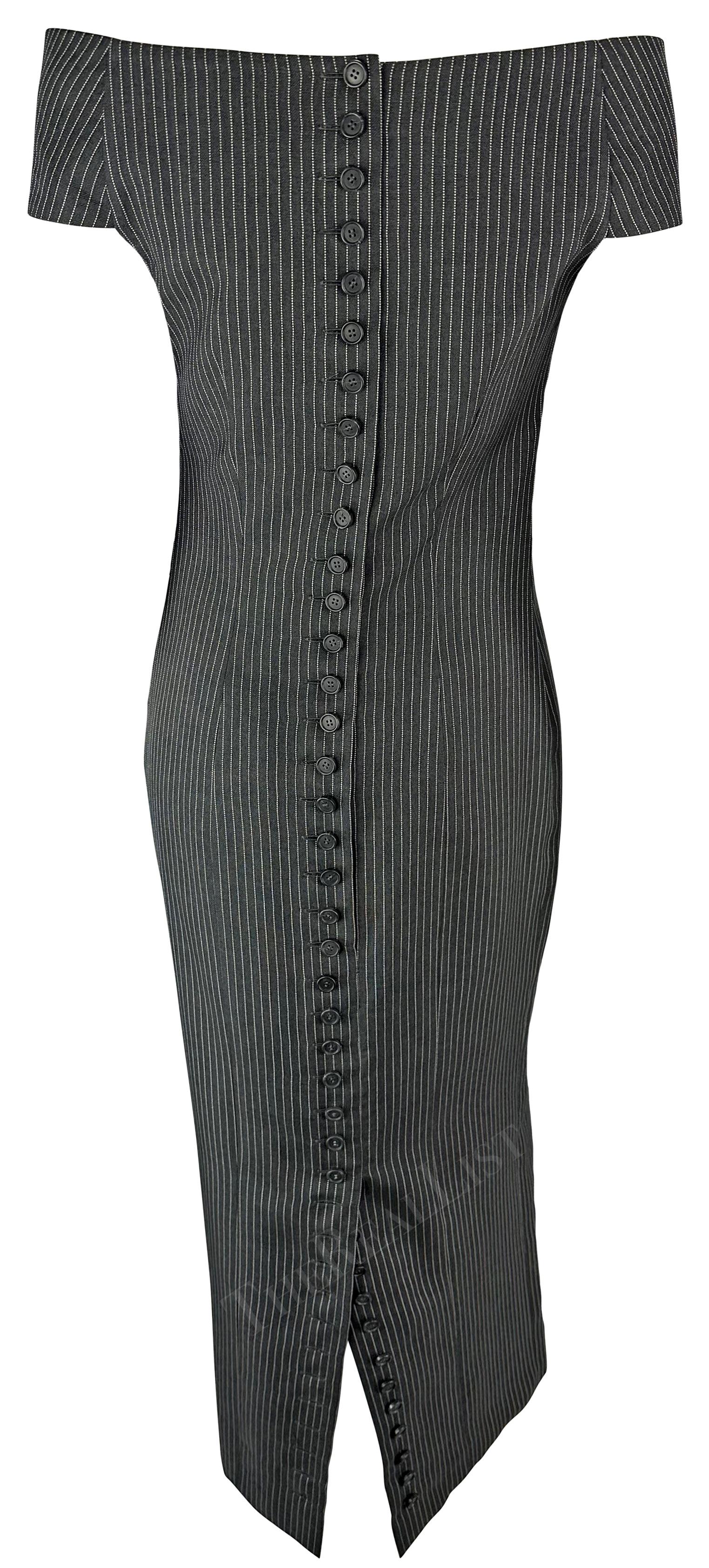 S/S 1996 Gianfranco Ferré Runway Grey Charcoal Pinstripe Off-Shoulder Dress For Sale 1