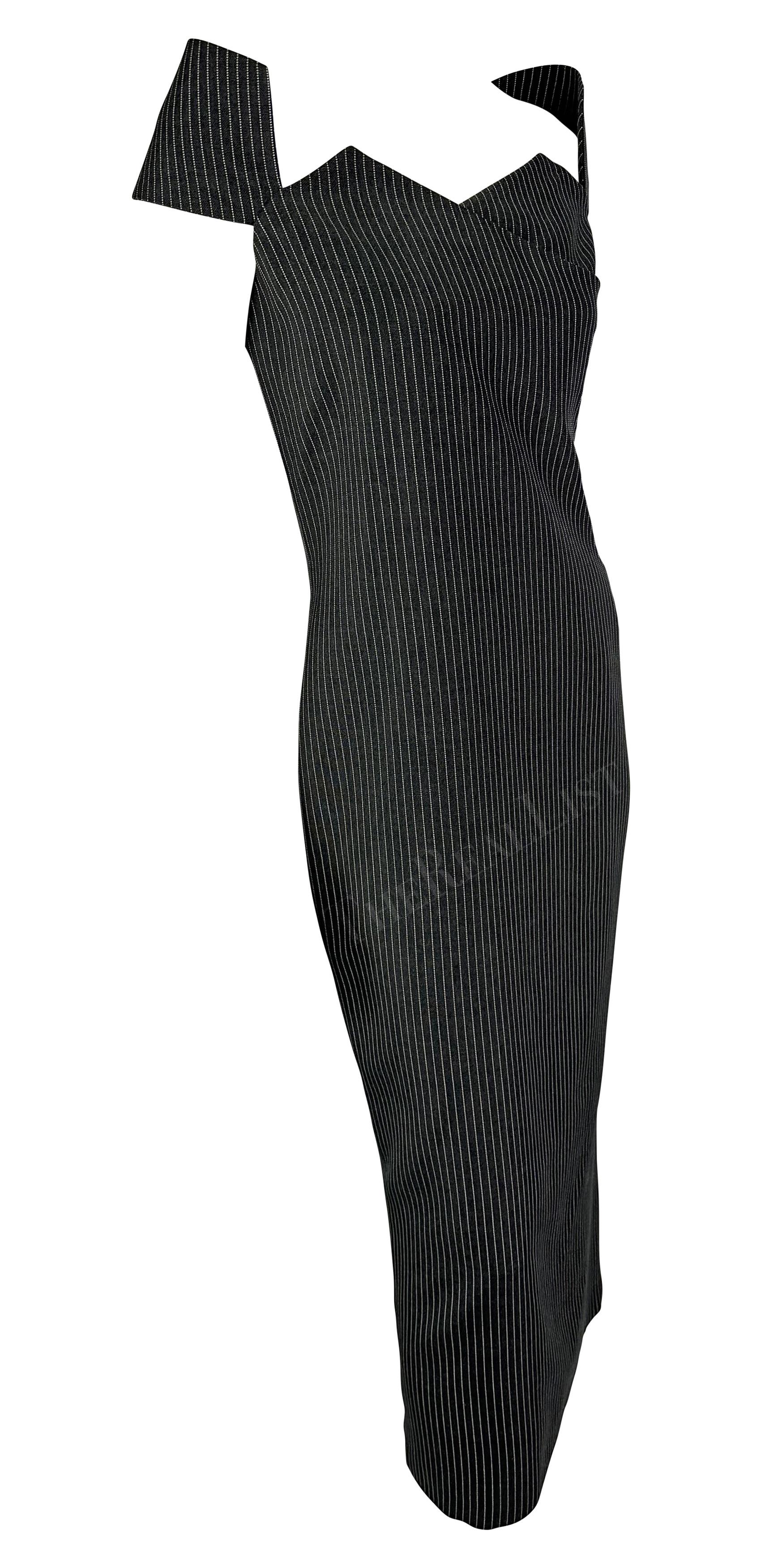 S/S 1996 Gianfranco Ferré Runway Grey Charcoal Pinstripe Off-Shoulder Dress For Sale 2