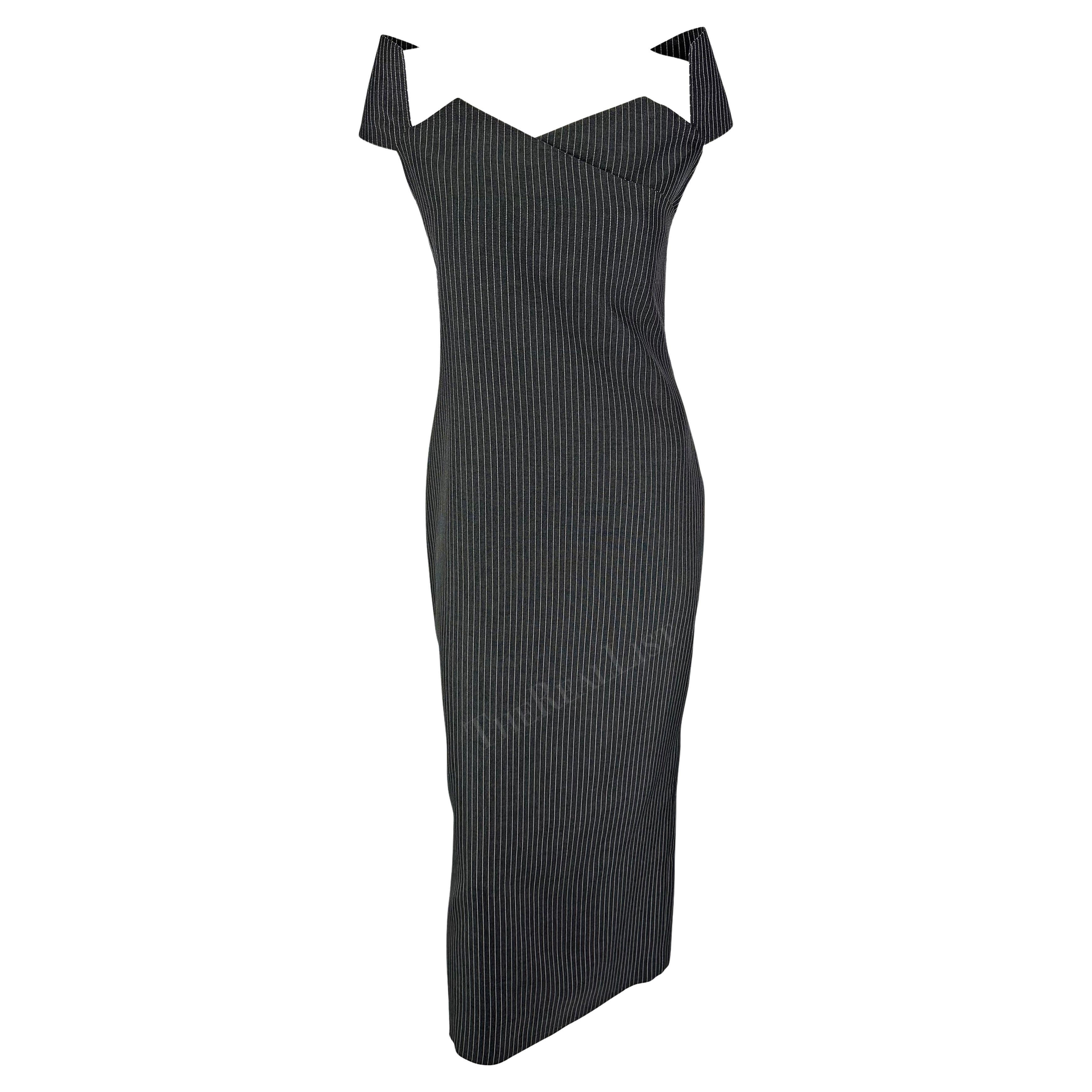 S/S 1996 Gianfranco Ferré Runway Grey Charcoal Pinstripe Off-Shoulder Dress For Sale
