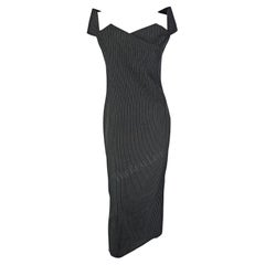 Retro S/S 1996 Gianfranco Ferré Runway Grey Charcoal Pinstripe Off-Shoulder Dress