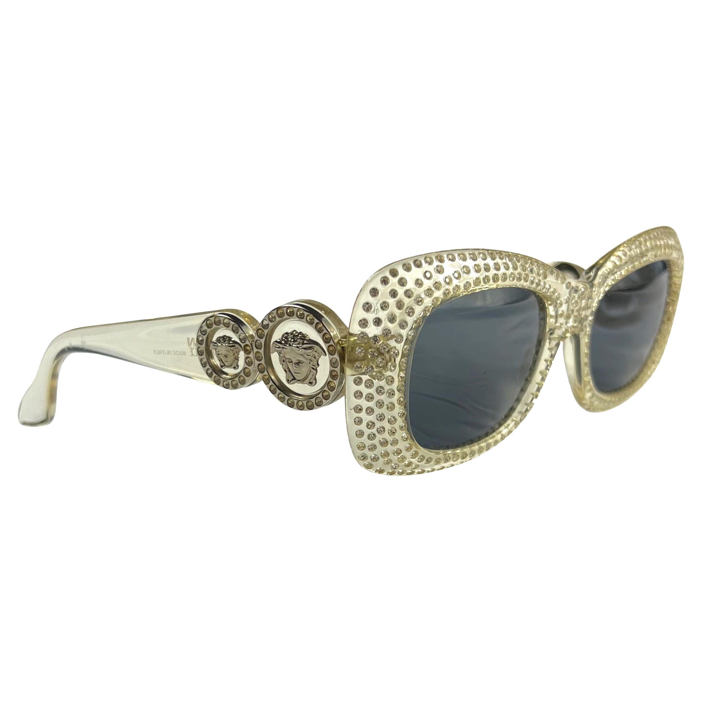 S/S 1996 Versace Ad Clear Medusa Sunglasses For Sale at 1stDibs | versace rhinestone sunglasses, clear and versace glasses, clear versace sunglasses