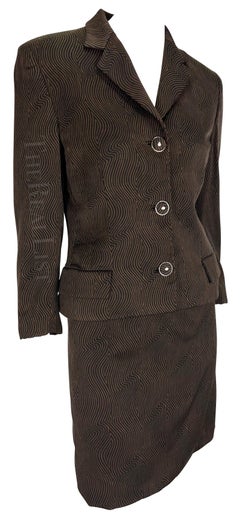 S/S 1996 Gianni Versace Black Brown Abstract Op-Art Print Medusa Belt Skirt Suit