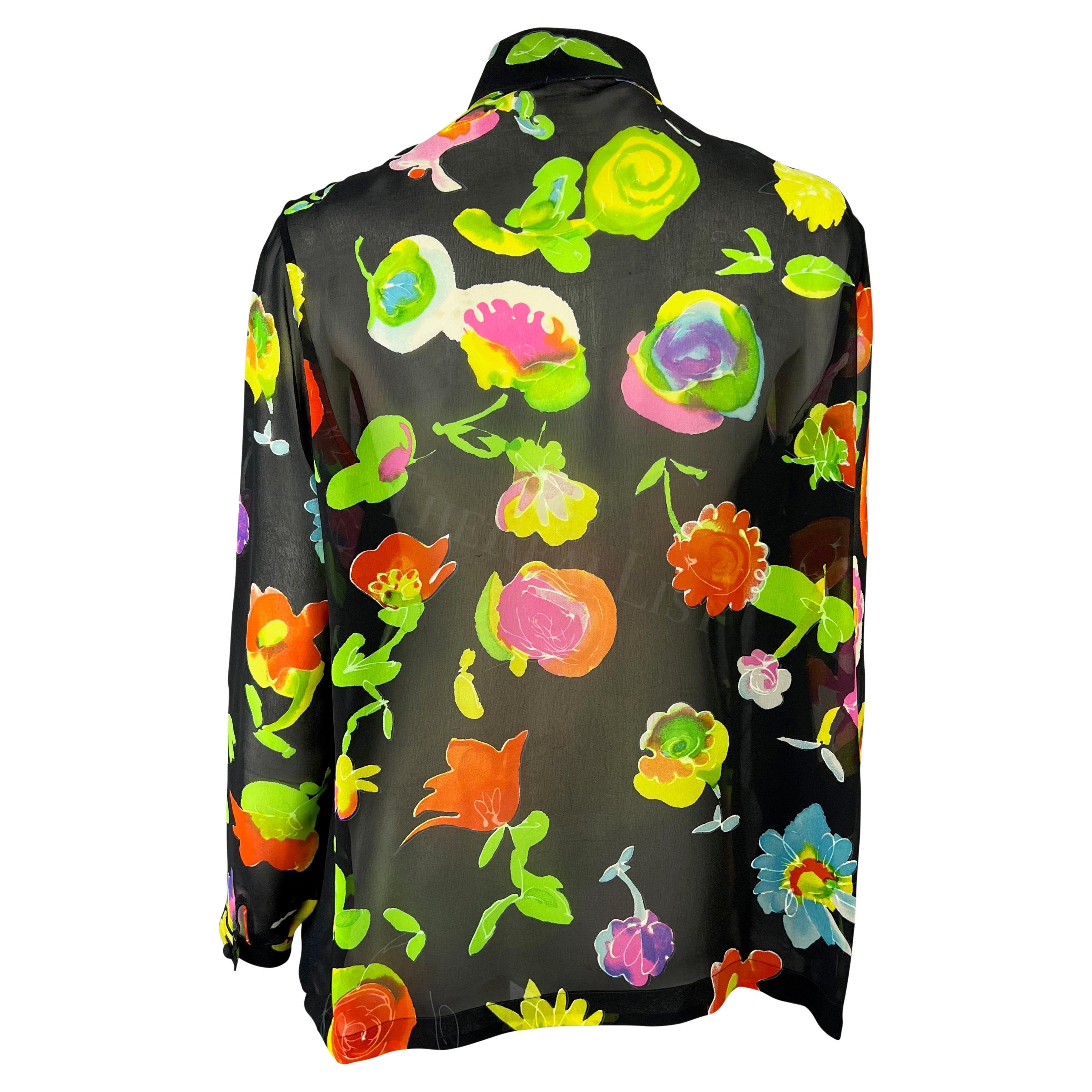 Women's S/S 1996 Gianni Versace Black Floral Sheer Button Down Shirt For Sale