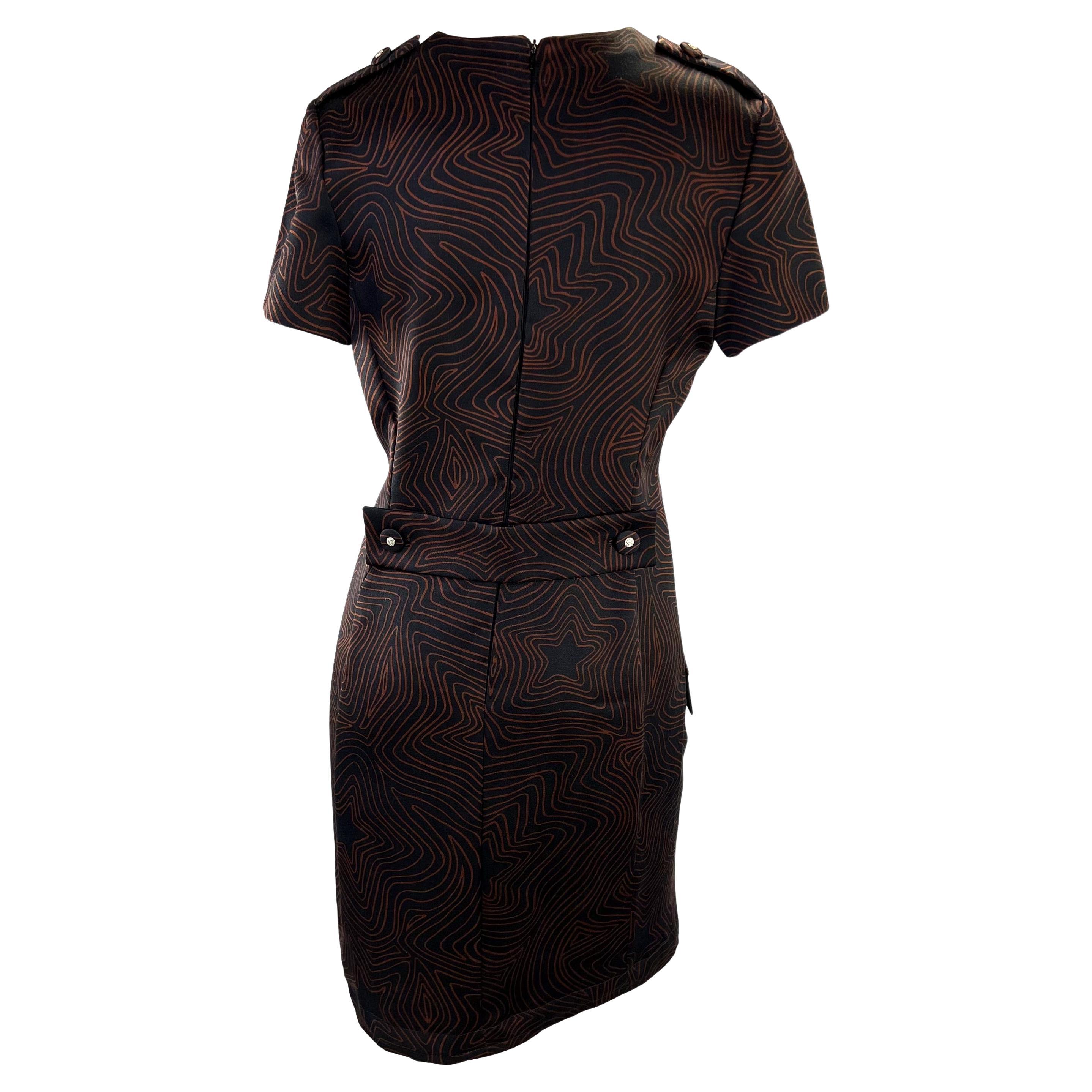 Women's S/S 1996 Gianni Versace Couture Black Brown Star Print Medusa Wool Dress For Sale