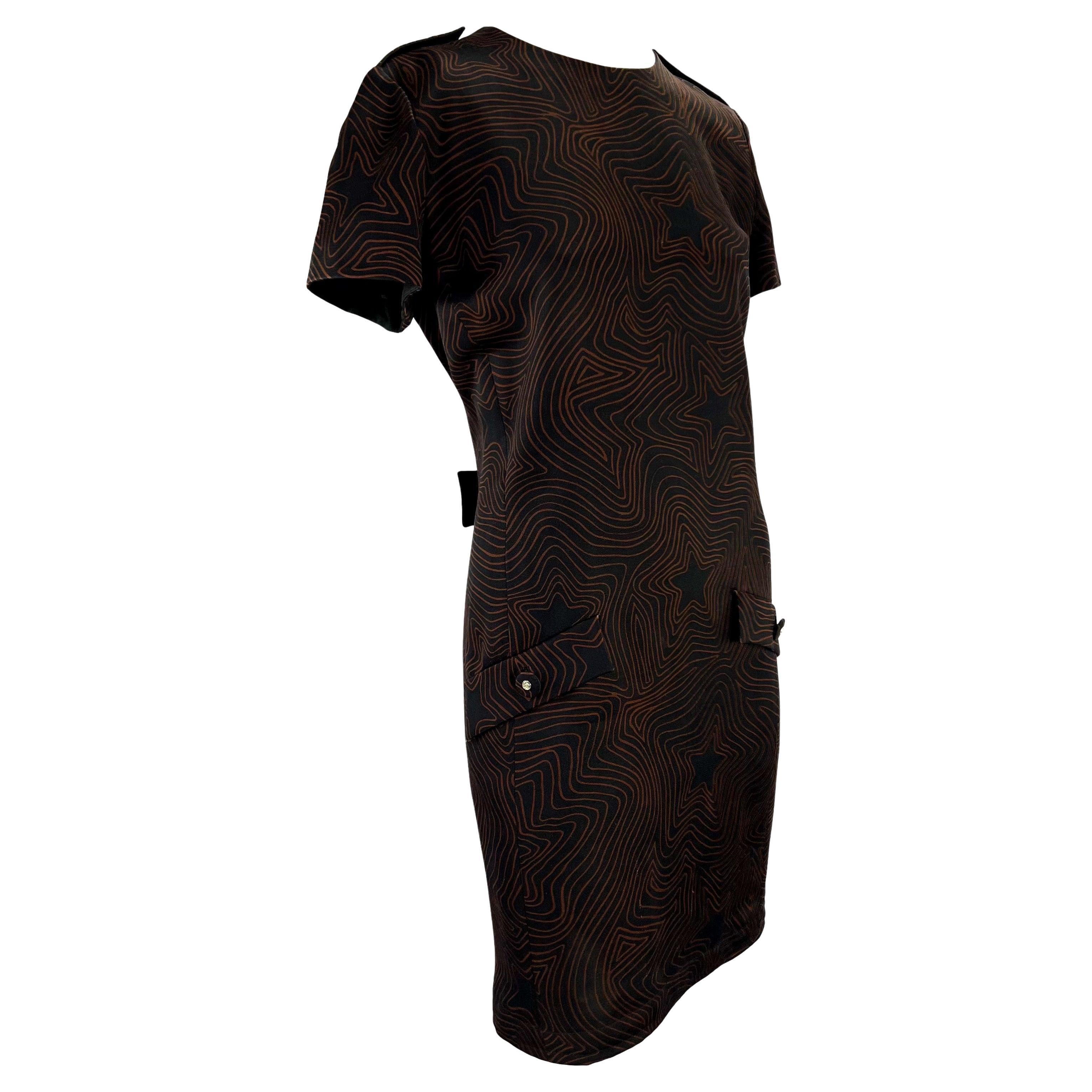 S/S 1996 Gianni Versace Couture Black Brown Star Print Medusa Wool Dress For Sale 2