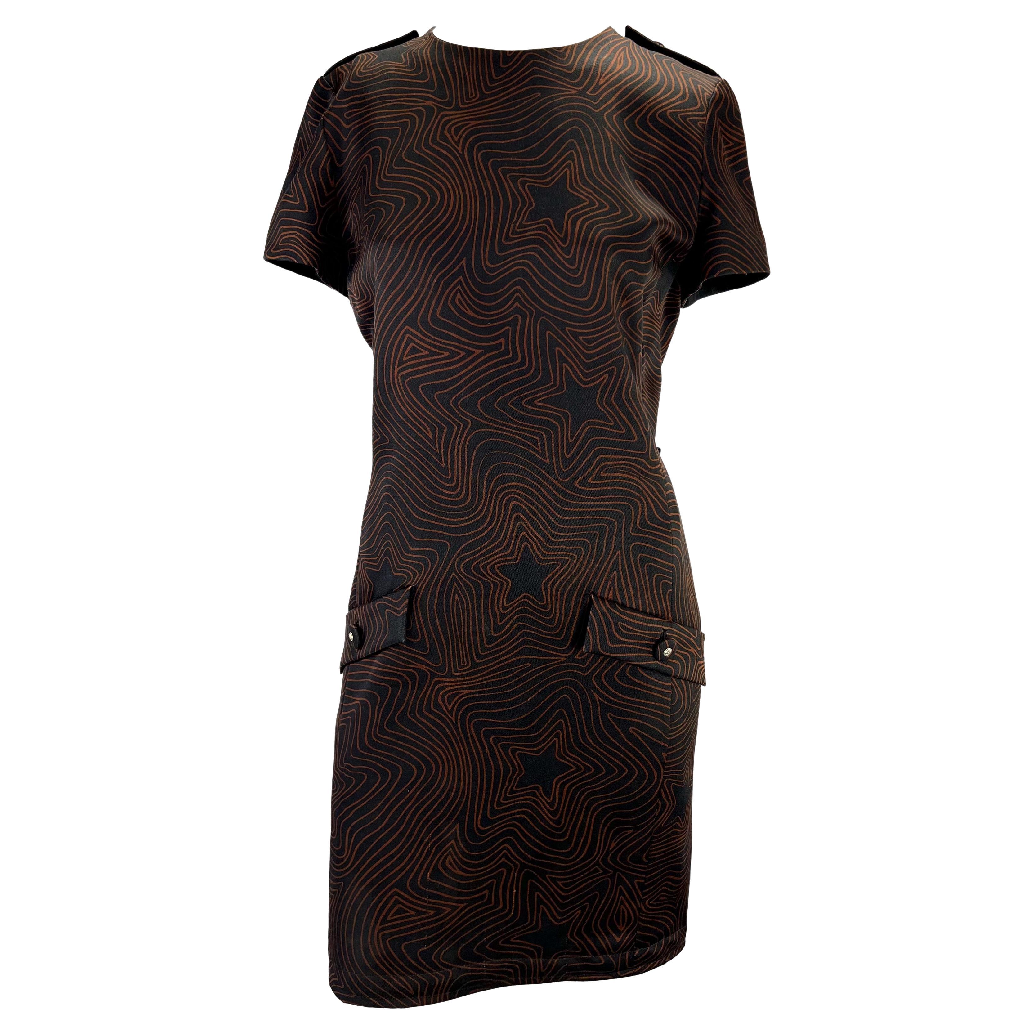 S/S 1996 Gianni Versace Couture Black Brown Star Print Medusa Wool Dress For Sale