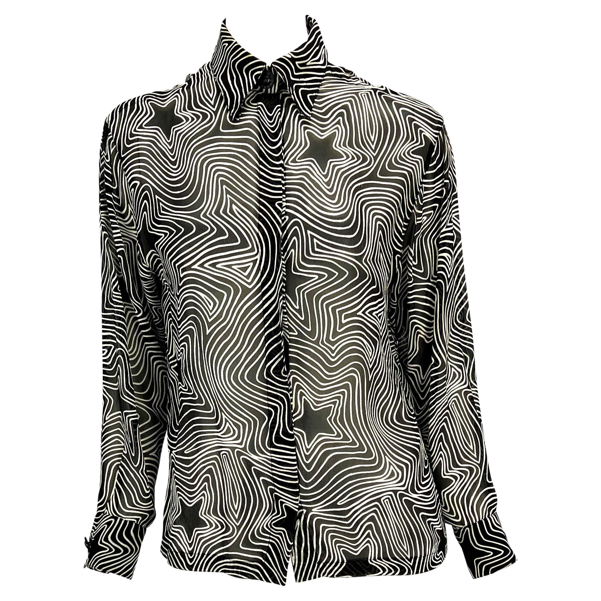 S/S 1996 Gianni Versace Couture Black & White Sheer Silk Star Print Button Top