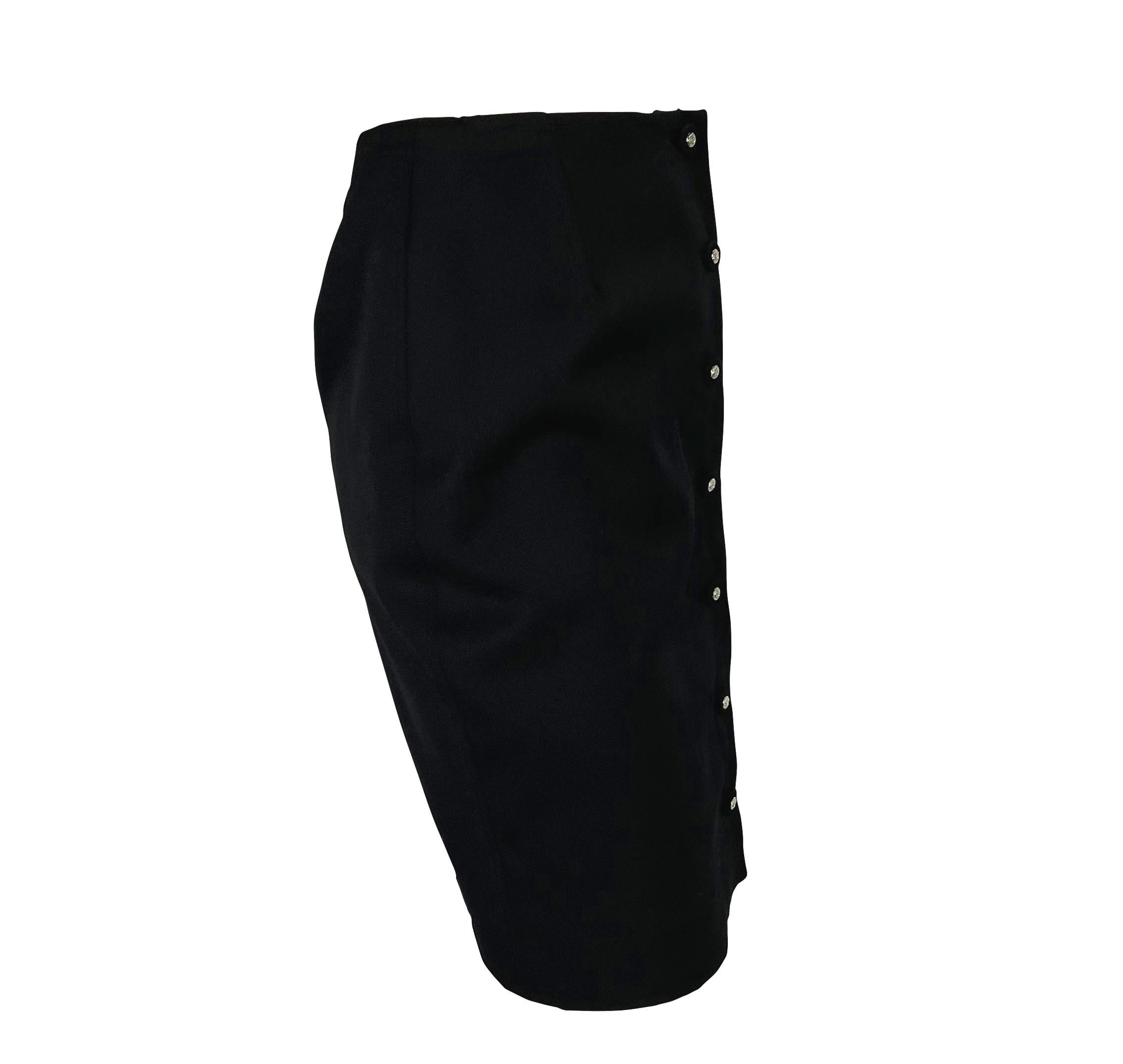 S/S 1996 Gianni Versace Couture Medusa Button Black Stretch Wool Mini Skirt For Sale 2