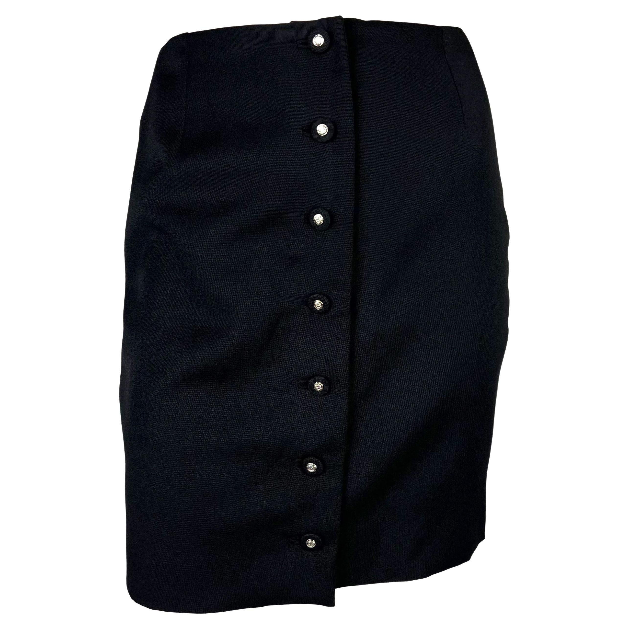 S/S 1996 Gianni Versace Couture Medusa Button Black Stretch Wool Mini Skirt For Sale