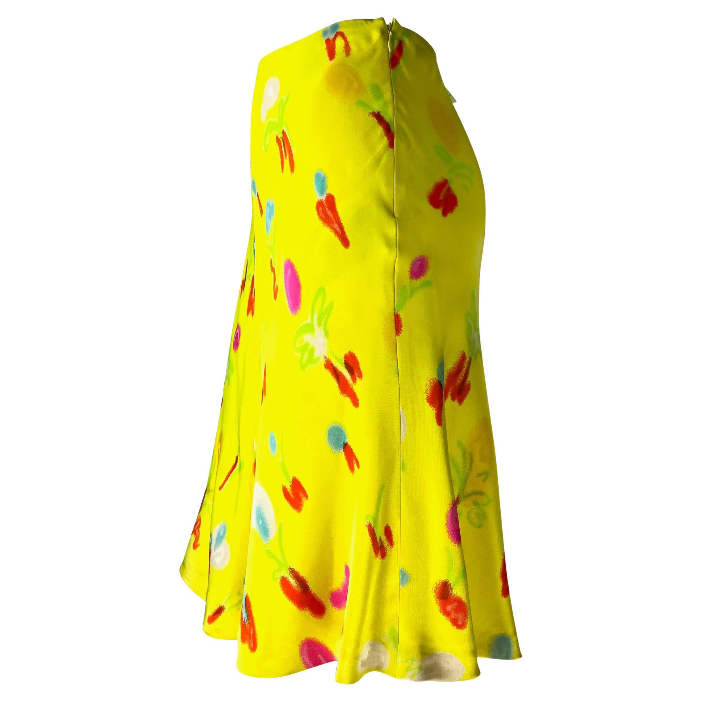 NWT S/S 1996 Gianni Versace Couture Neon Yellow Graffiti Floral Print Skirt In Good Condition For Sale In West Hollywood, CA