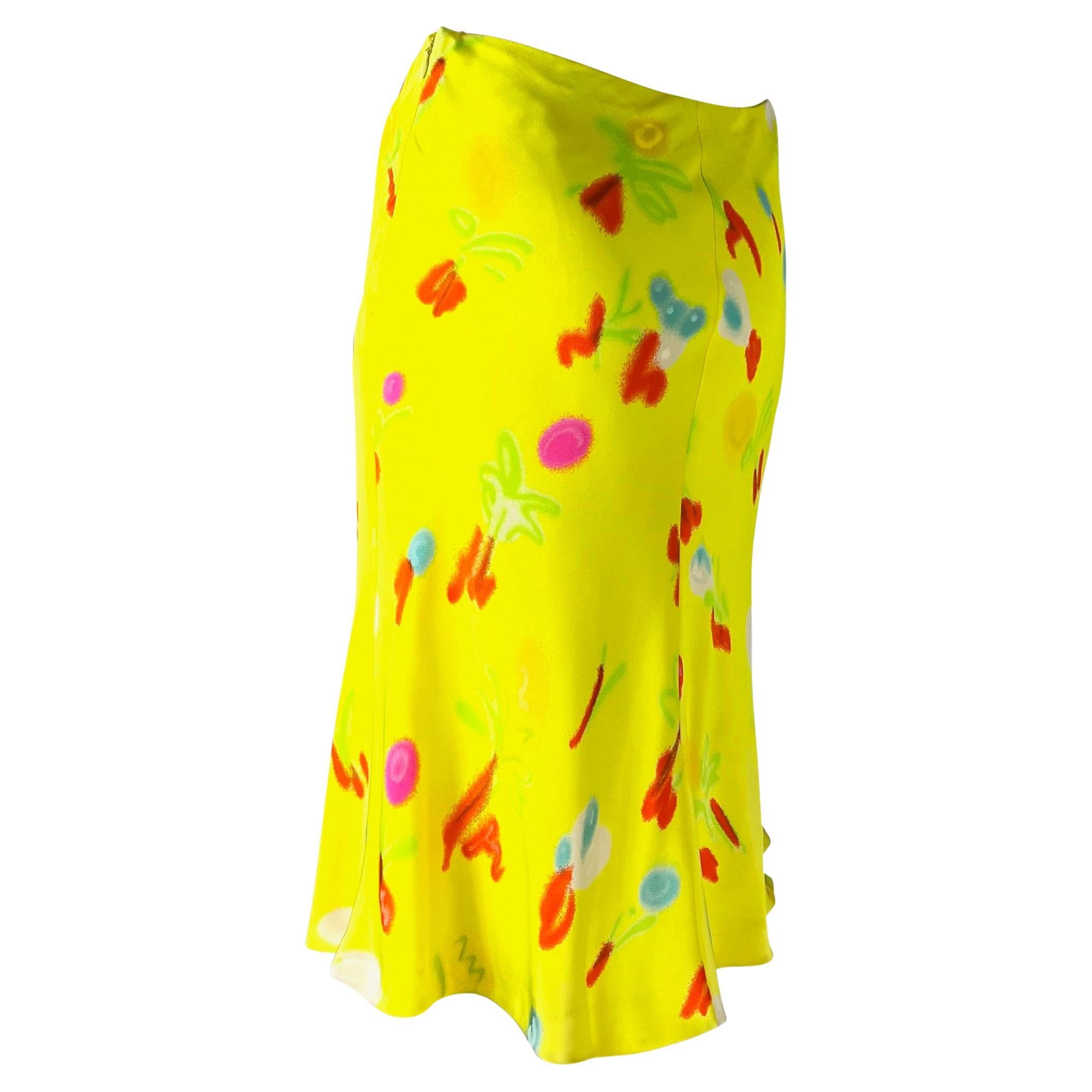 Women's NWT S/S 1996 Gianni Versace Couture Neon Yellow Graffiti Floral Print Skirt For Sale
