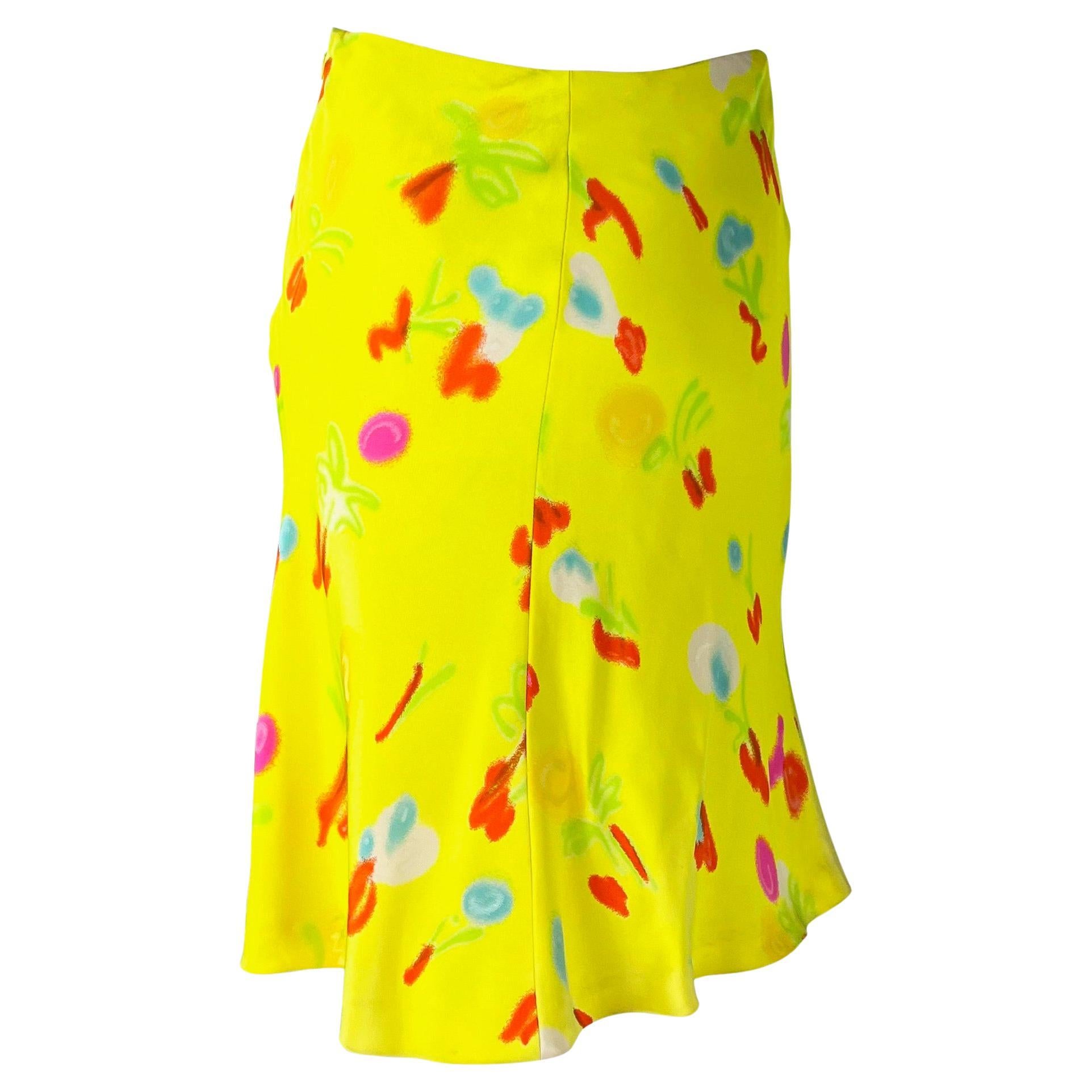 NWT S/S 1996 Gianni Versace Couture Neon Yellow Graffiti Floral Print Skirt For Sale 1