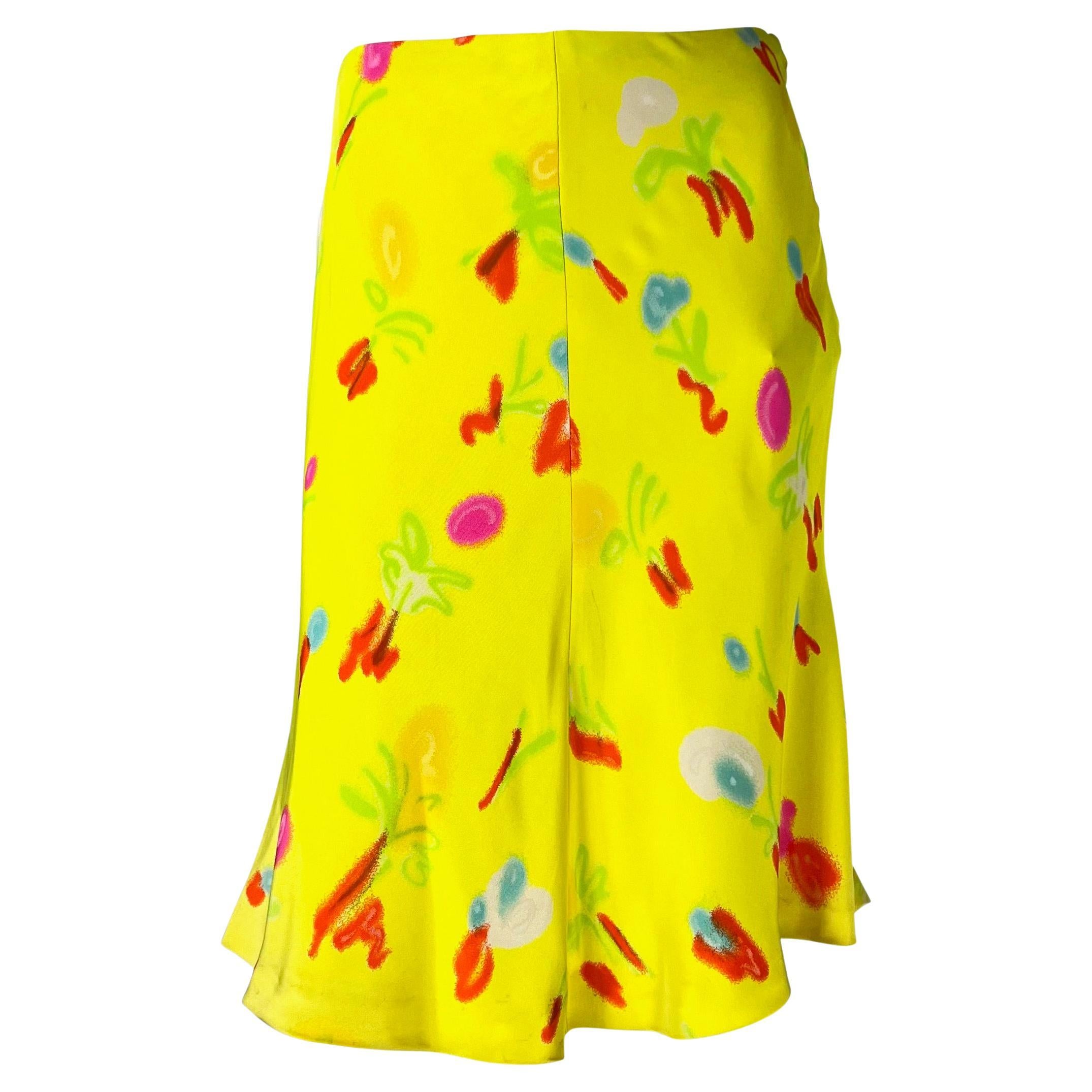 NWT S/S 1996 Gianni Versace Couture Neon Yellow Graffiti Floral Print Skirt