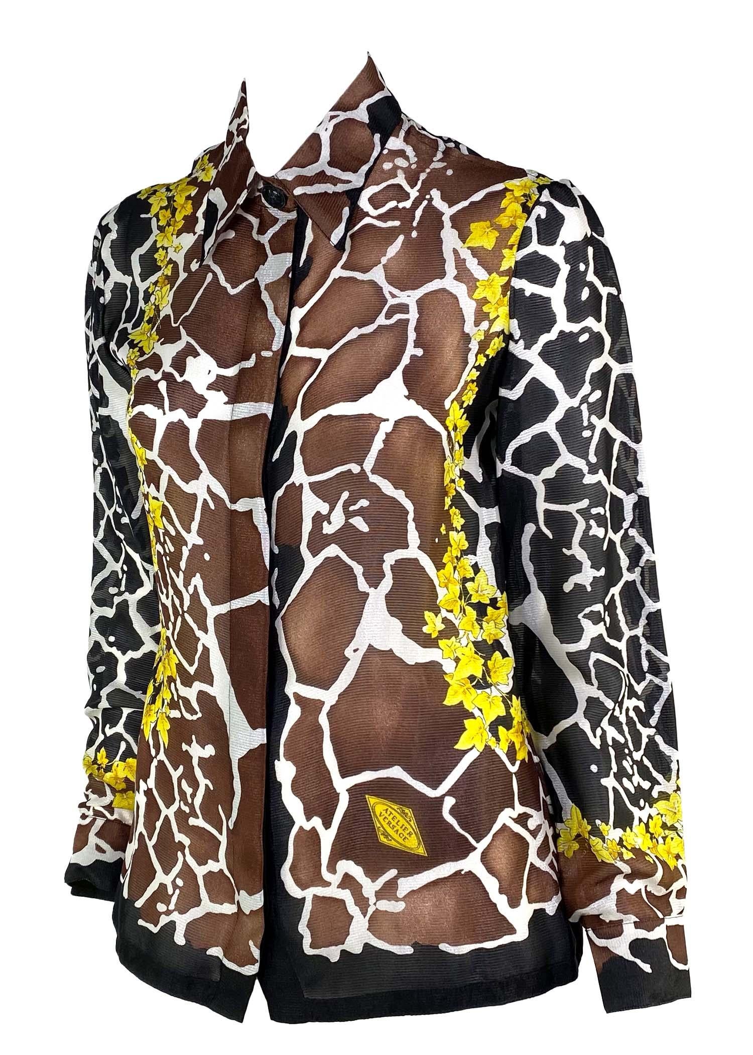 Presenting a black and brown giraffe Gianni Versace Couture sheer button up shirt, designed by Gianni Versace for his Spring/Summer 1996 collection. This top is constructed entirely of  light semi-sheer Atelier Versace silk with animal print and