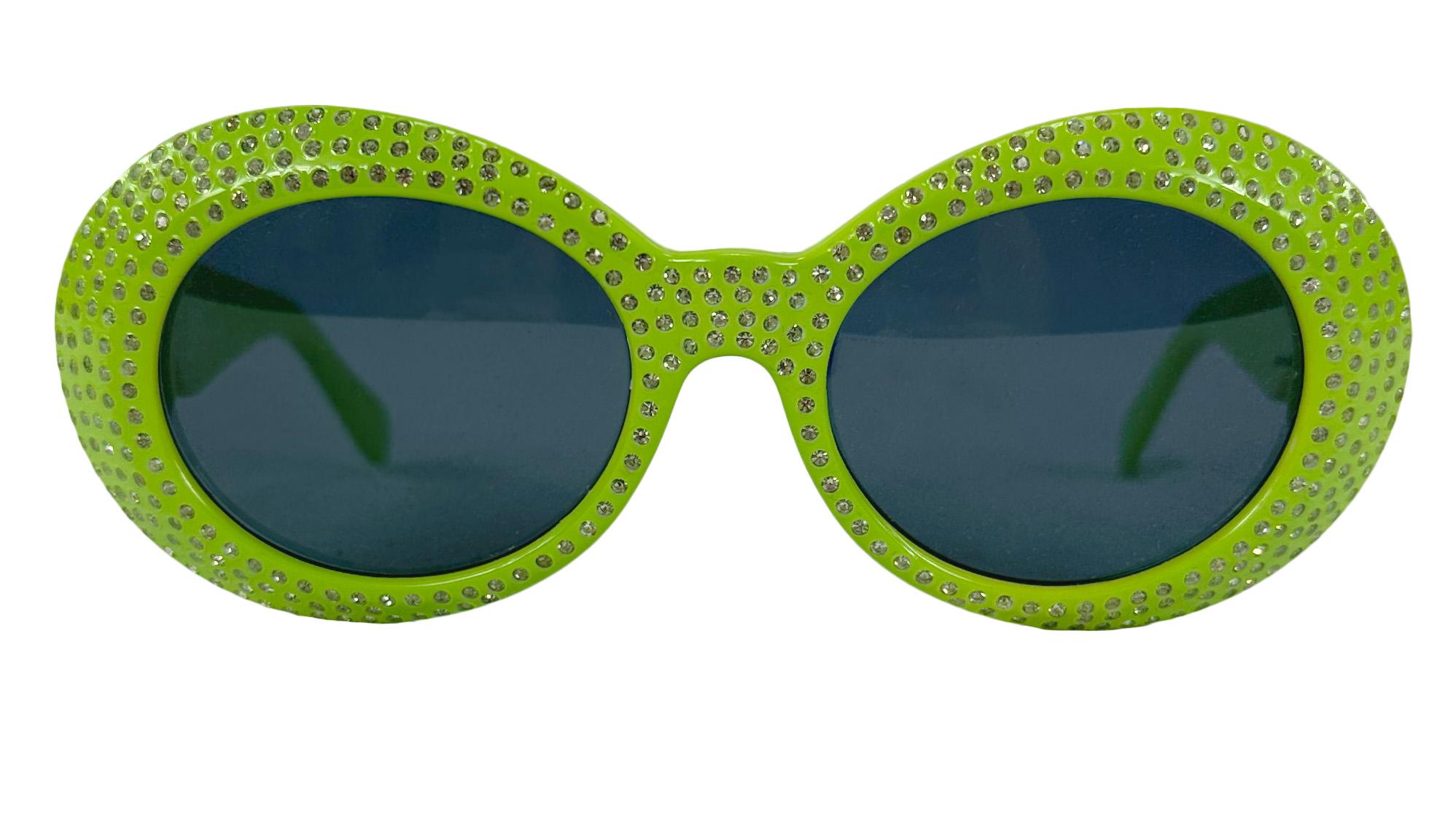 Women's S/S 1996 Gianni Versace Lime Green Rhinestone Round Double Medusa Sunglasses For Sale