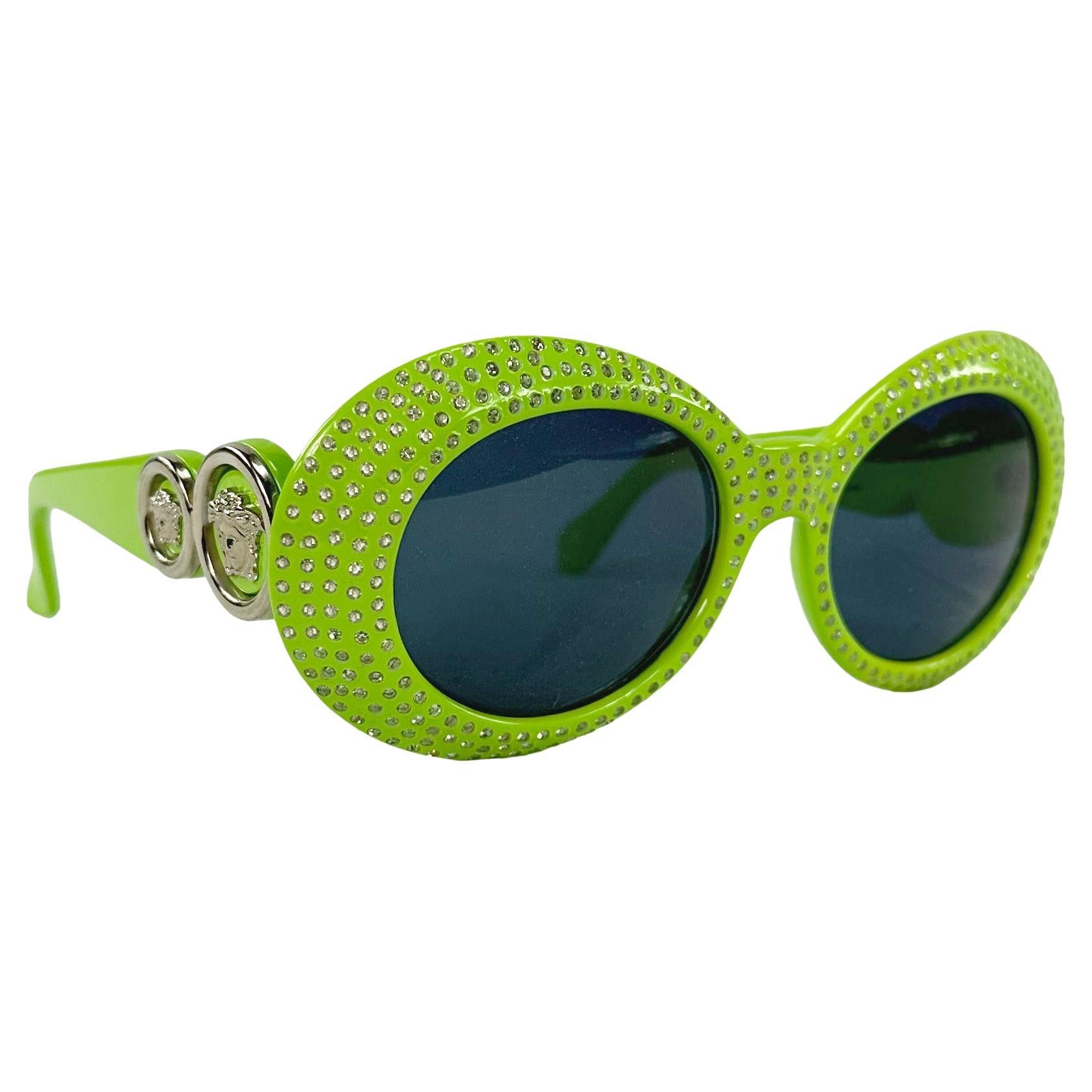 S/S 1996 Gianni Versace Lime Green Rhinestone Round Double Medusa Sunglasses For Sale