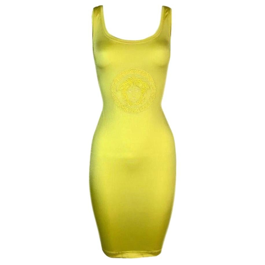 S/S 1996 Gianni Versace Neon Yellow Medusa Logo Bodycon Mini Dress