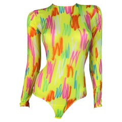 S/S 1996 Gianni Versace Sheer Neon Yellow Pink Green Spray Paint Silk Bodysuit