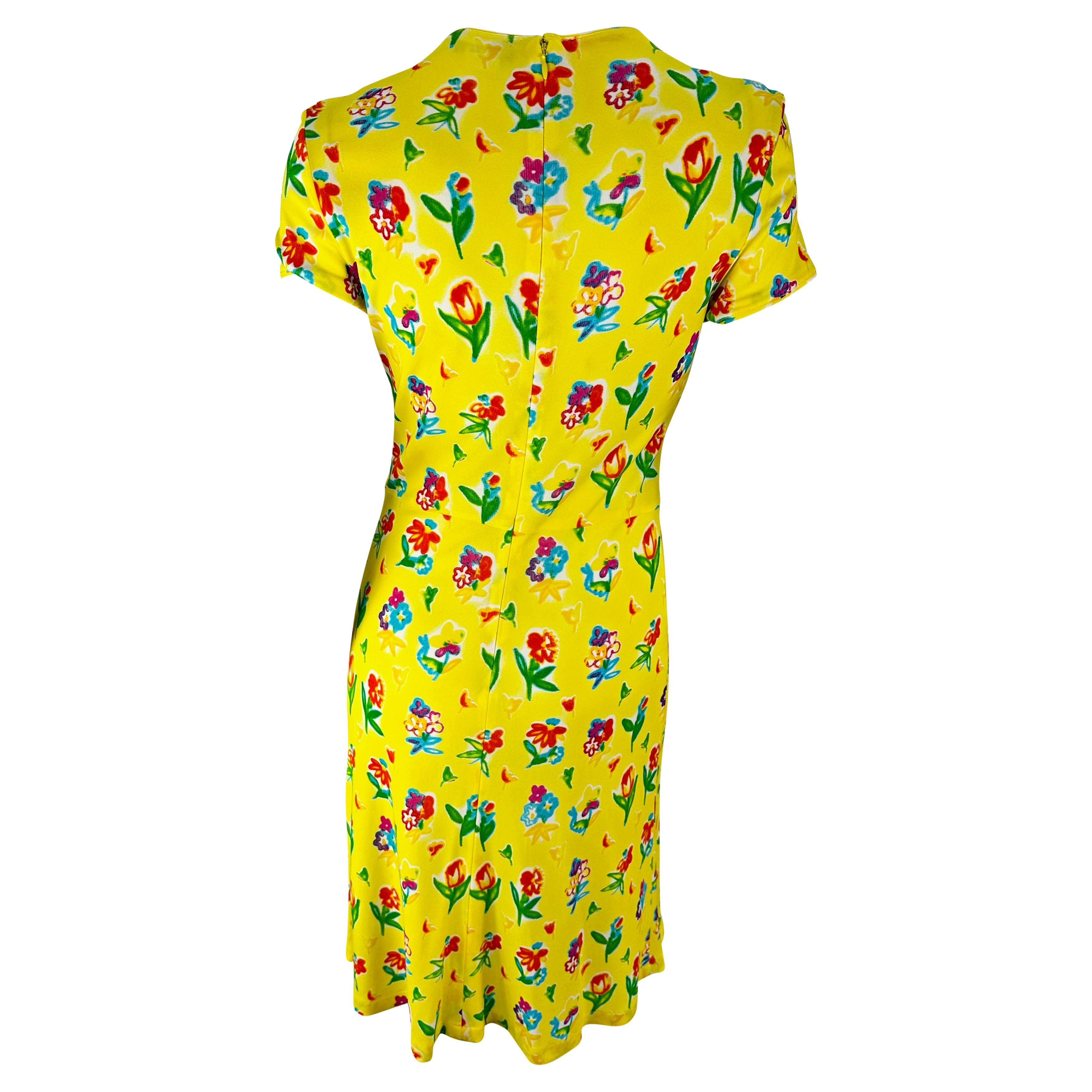 S/S 1996 Gianni Versace Yellow Floral Short Sleeve Viscose Midi Dress For Sale 1