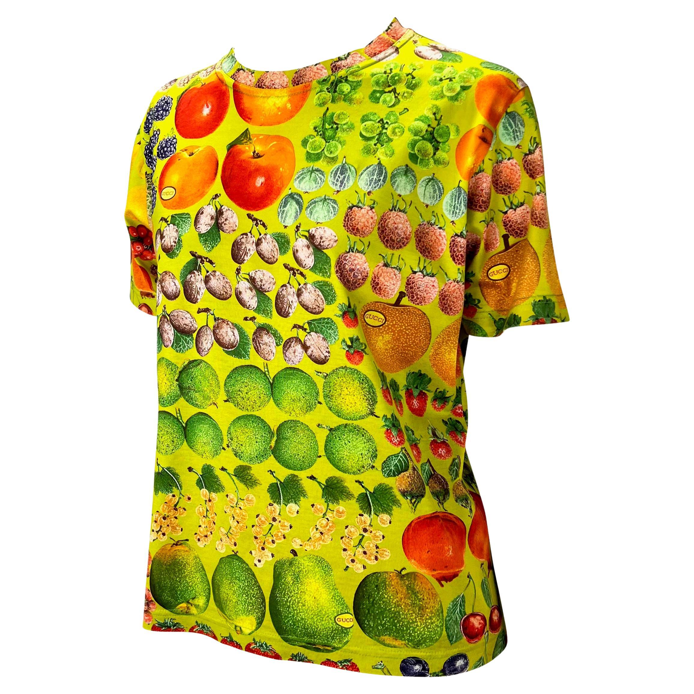 Yellow S/S 1996 Gucci by Tom Ford Fruit Print Botanic Green Cotton T-Shirt For Sale