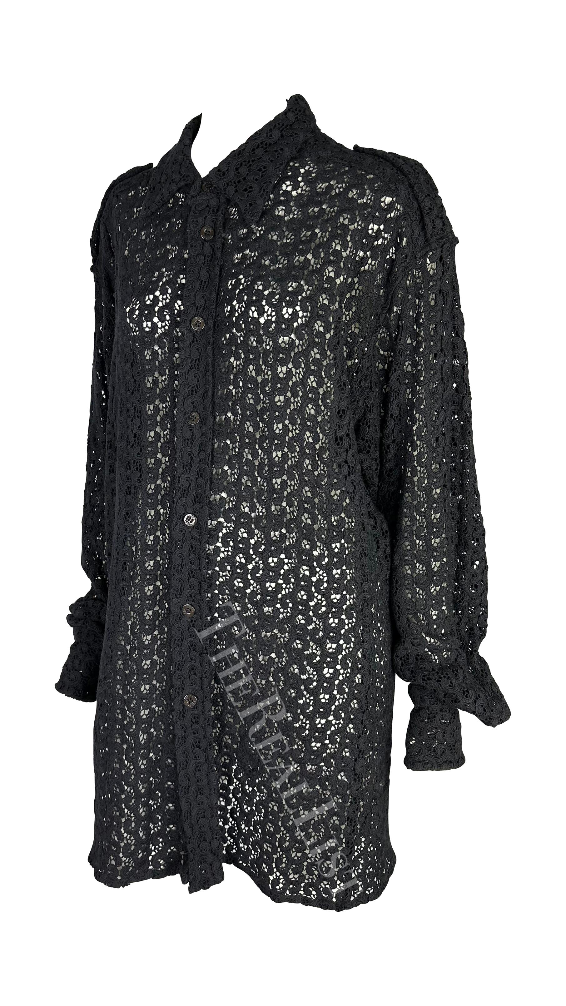 Presenting a fabulous black crochet oversized Gucci shirt, designed by Tom Ford. From the Spring/Summer 1996 collection, this button-down shirt is constructed entirely of an intricate knit pattern and is made complete with epaulets. This unisex top