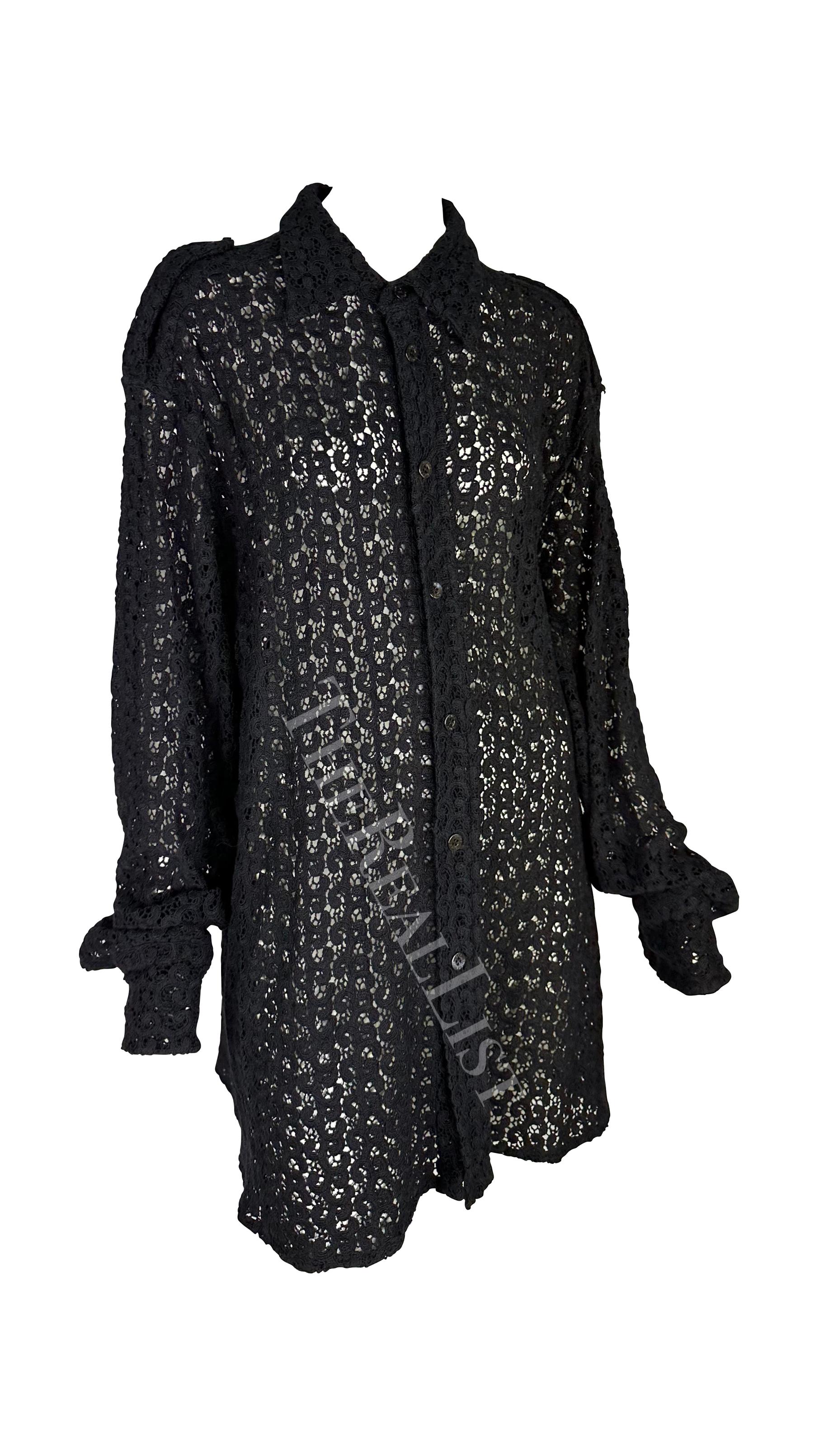 S/S 1996 Gucci by Tom Ford Men's Black Crochet Lace Oversized Sheer Shirt For Sale 2