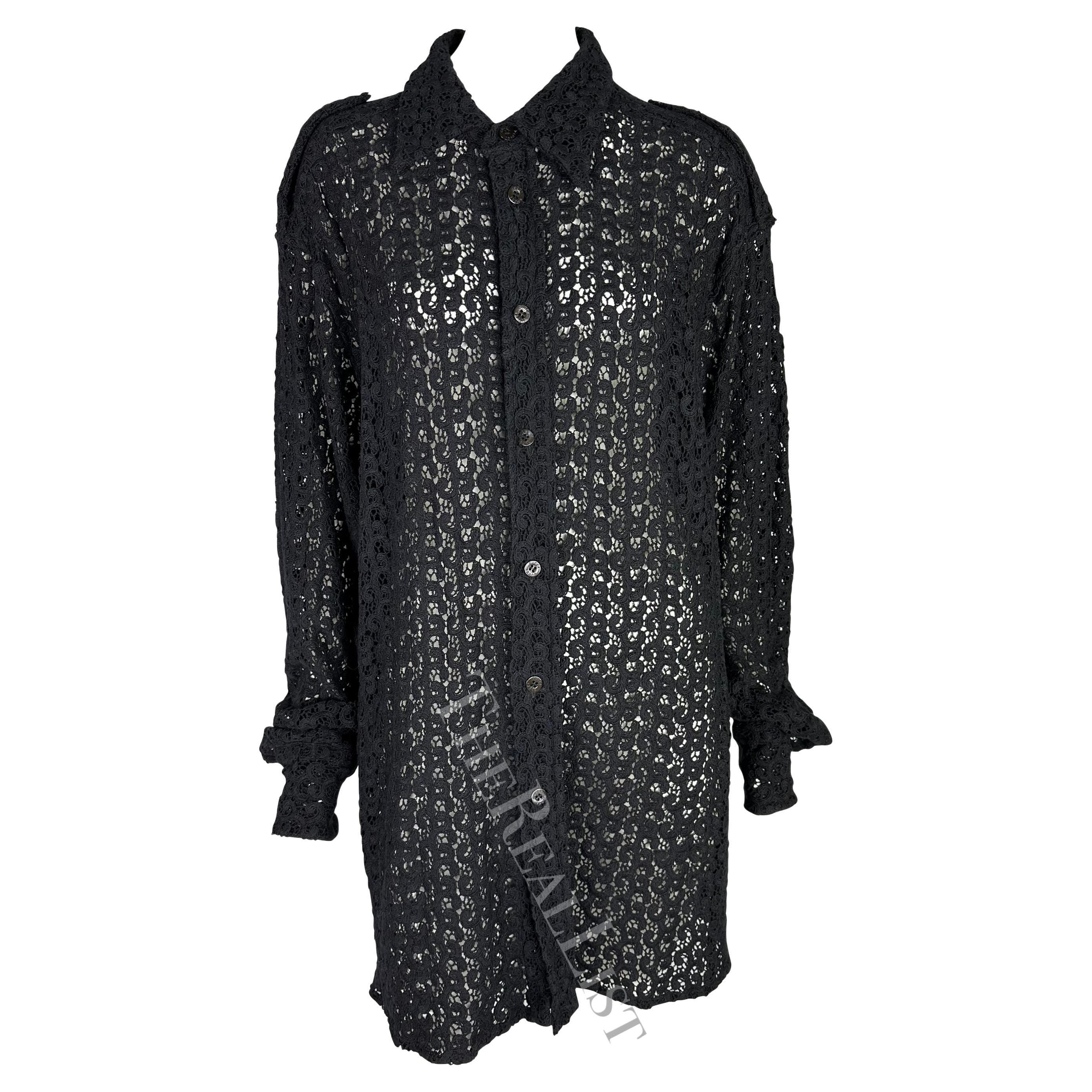 S/S 1996 Gucci by Tom Ford Men's Black Crochet Lace Oversized Sheer Shirt For Sale
