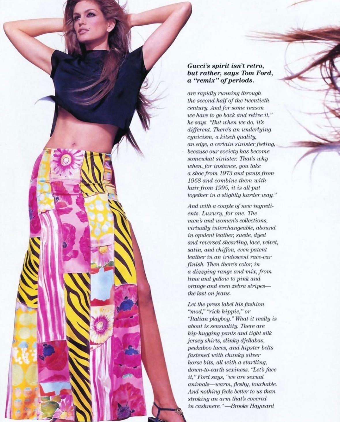 Presenting an iconic multi-print patchwork Gucci maxi skirt, designed by Tom Ford. From the Spring/Summer 1996 collection, this fabulous vibrant skirt debuted on the season's runway, modeled by Trish Goff,  and was also highlighted in Elle Magazine
