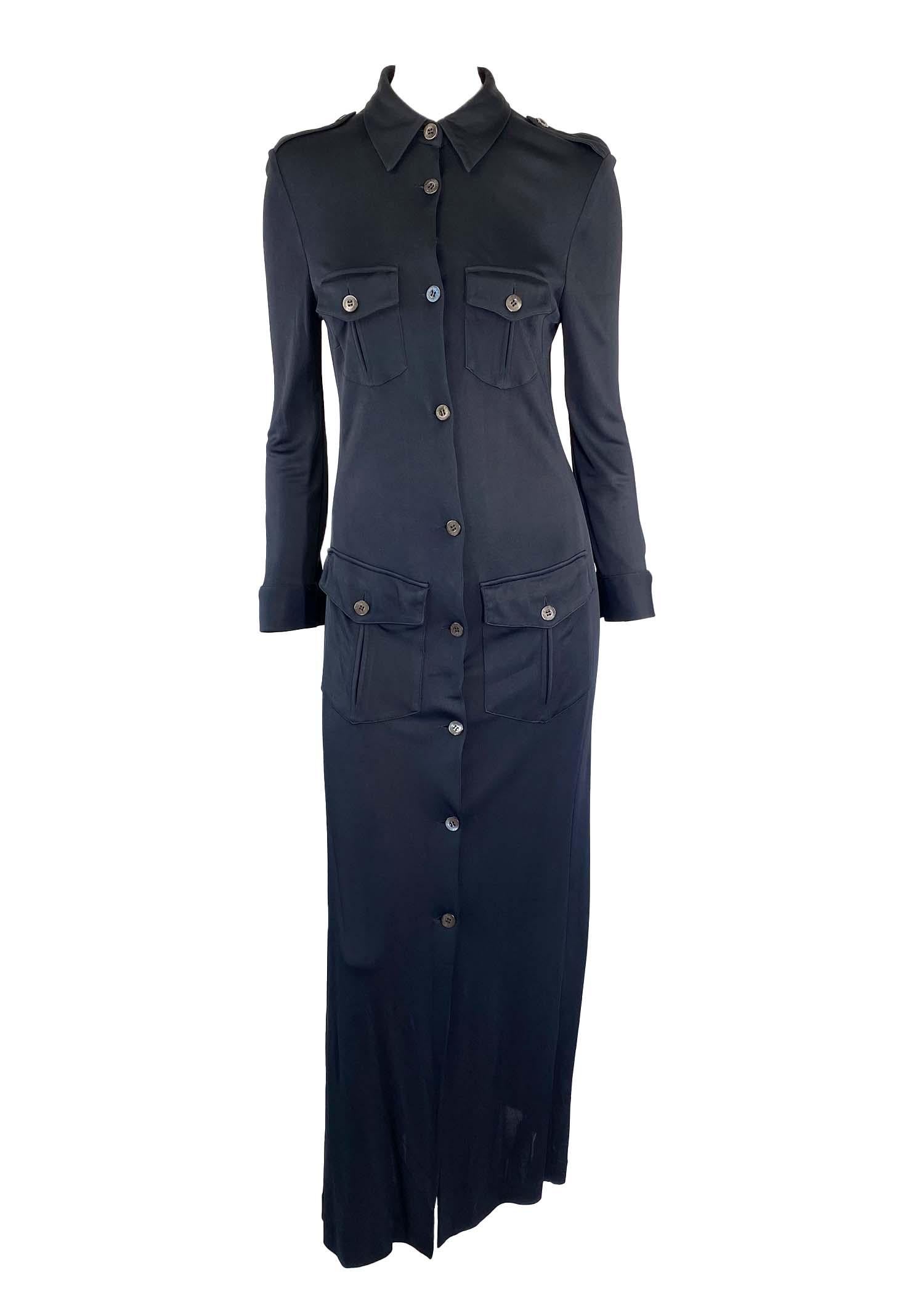 F/S 1996 Gucci by Tom Ford Nicole Kidman Marineblaues Viskose-Maxikleid mit Krawatte  Damen im Angebot