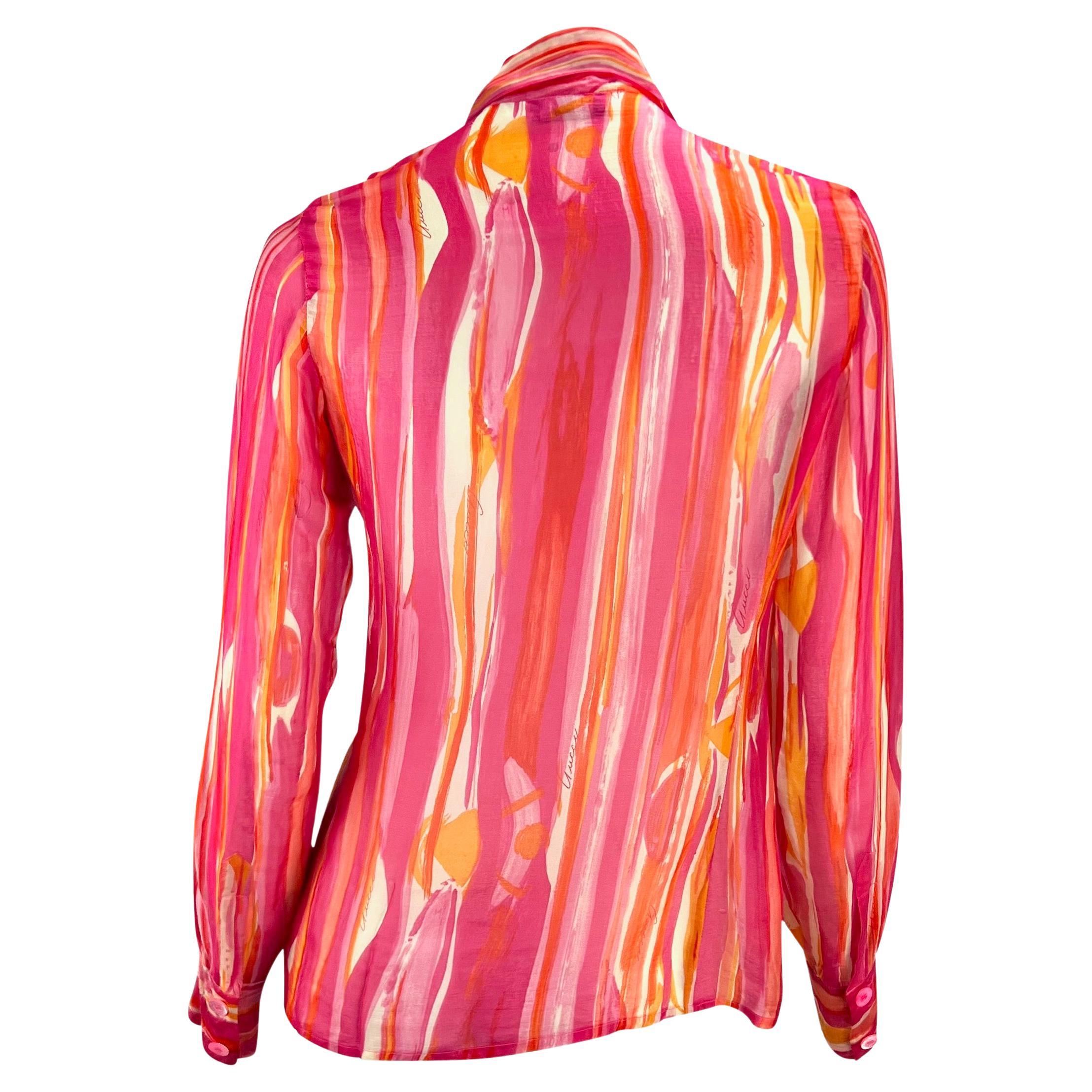 Red S/S 1996 Gucci by Tom Ford Pink Orange Sheer Abstract Watercolor Button Up Top