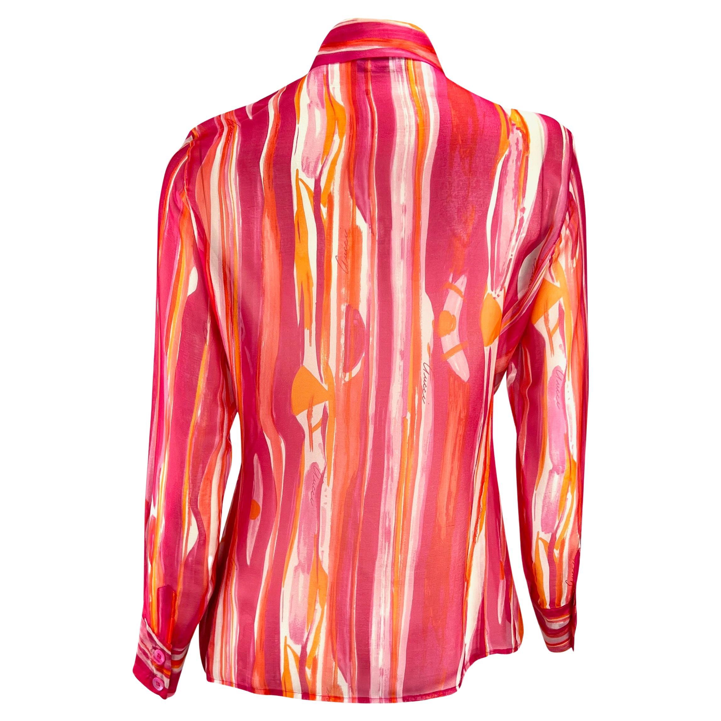 Red S/S 1996 Gucci by Tom Ford Pink Orange Sheer Abstract Watercolor Button Up Top For Sale