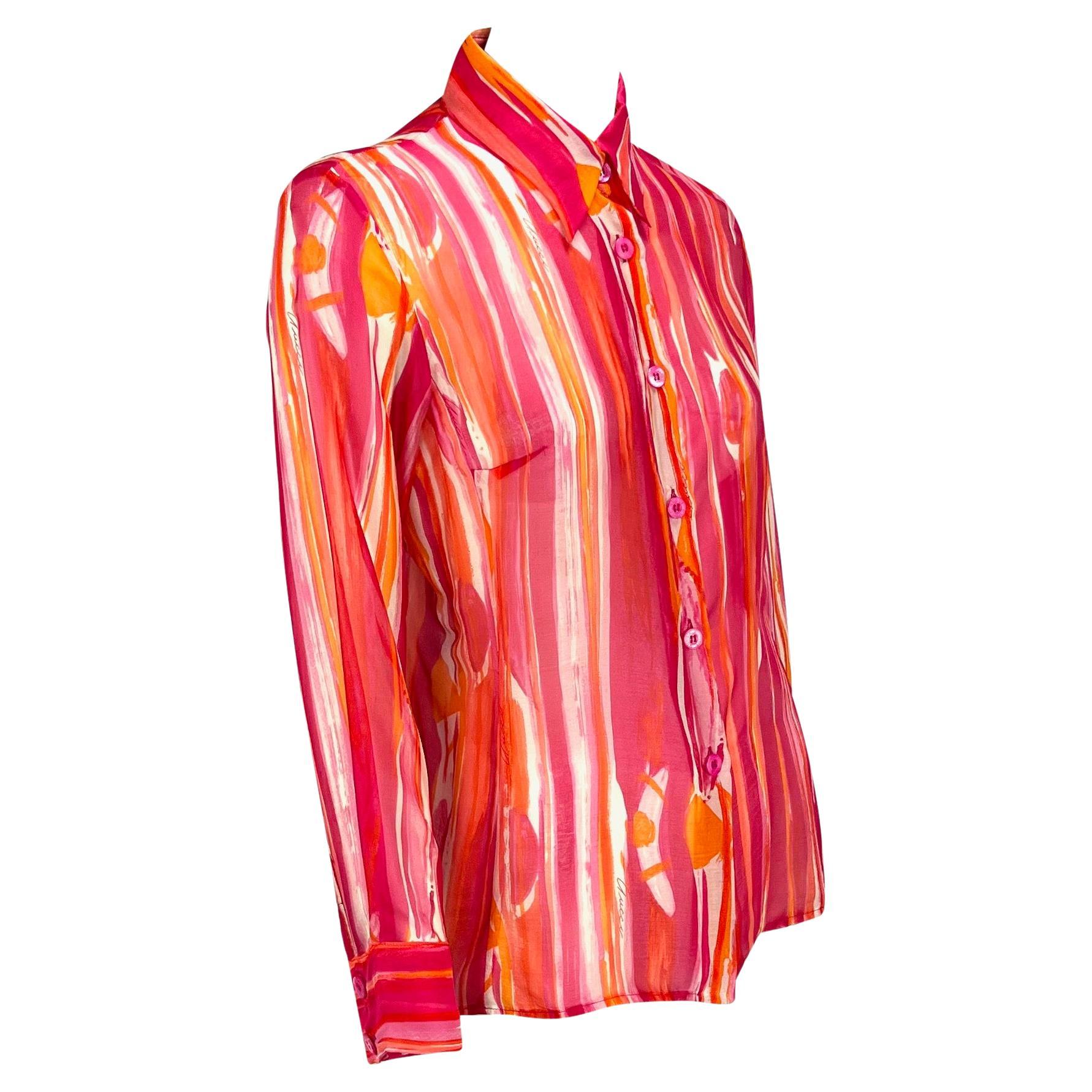 Women's S/S 1996 Gucci by Tom Ford Pink Orange Sheer Abstract Watercolor Button Up Top For Sale